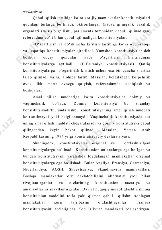 vofiqlashtirishning konstitutsion modelini to‘la yoki qisman qabul qilishni xohlagan mamlakatlar xorij tajribasini o‘zlashtirganlar. fransuz konstitutsiyasini to‘laligicha kod d’ivuar mamlakati o‘zlashtirgan. aqsh konstitutsion tuzumining asosiy elementlari lotin amerikasi mamlakatlari konstitutsiyalari uchun namuna bo‘lib hizmat qilgan. jahon tajriba amaliyoti konstitutsiyalarni qabul qilish va unga o‘zgartirish kiritish yo‘llarini ishlab chiqdi. ta’sis hokimiyatiga ega bo‘lgan subyektlargina asosiy qonunni tasdiqlashi mumkin. ta’sis hokimiyatining subyektlari bo‘lib, suverenitet egalari – halq monarx, xudo yoki suverenitetning vakillari hisoblanadi. «asosiy qonunlar quyidagilar tomonidan o‘rnatilishi yoki o‘zgartirilishi mumkin. ta’sis organlari tomonidan. bu organlar konstitutsion konvent, ta’sis majlisi, ta’sis kongressi, kongress formasidagi parlament (fransiya), maxsus halq majlisi (maldiv), musulmon jamoalarining vakillik instituti jirga bo‘lishi mumkin. referendum orqali. shuni qaytish kerakki, ta’sis hokimiyatini amalga oshirish uchun referendumdan foydalanish mumkin. ikkinchi jahon urushi arafasida germaniyada referendum o‘tkazilib, kansler va prezident lavozimlari bitta shaxs qilib birlashtirilgan edi. vakillik organi yoki davlat boshlig‘i bilan parlamentning birgalikdagi faoliyati natijasida. latviyada asosiy qonunga o‘zgartirishlar parlament tomonidan deputatlar …