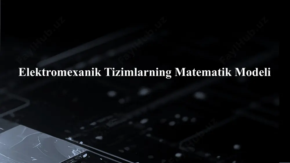 mning chastota xususiyatlarini tahlil qilishda qulaydir. holat fazosi usuli tizimning holatini bir nechta o'zgaruvchilar orqali ifodalash uchun ishlatiladi. holat fazosi usuli, murakkab tizimlarni tahlil qilishda samaralidir. matematik modellashtirish, tizimlarning xatti-harakatini tushunish va bashorat qilish uchun zarurdir. ushbu usullar yordamida, tizimlarning dinamik xususiyatlarini aniqlash, nazorat qilish tizimlarini loyihalash va simulyatsiya qilish mumkin. elektr manbai – tizimga elektr energiyasi beradi. elektr yuritma (motor) – elektr energiyasini mexanik energiyaga aylantiradi. mexanik yuk (ishchi mexanizm) – motor tomonidan ishlab chiqarilgan aylanish momentini bajarilishi kerak bo‘lgan ishga yo‘naltiradi. boshqaruv tizimi – tizim ishini kerakli tarzda boshqaradi va sozlaydi. o‘zgartgich (invertor, chastota o‘zgartgich) – elektr signallarini kerakli shaklga keltiradi. sensorlar – tizim parametrlarini o‘lchaydi va boshqaruv tizimiga qayta aloqa beradi. aktuatorlar: mexanik harakatni uzatish uchun javobgar bo'lgan komponentlar. boshqaruv qurilmalari: tizimni nazorat qilish va boshqarish uchun mo'ljallangan elektron komponentlar. 2. elektromexanik tizim elementlari va ularning vazifalari 3. elektrik qismining matematik modeli elektrik mashinaning stator o‘ramlaridagi elektr …