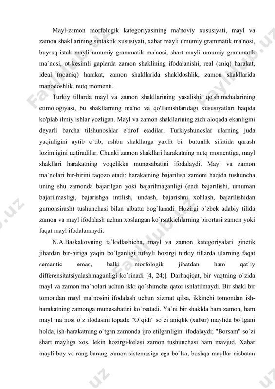 inadi [4, 24;]. darhaqiqat, bir vaqtning o`zida mayl va zamon ma`nolari uchun ikki qo`shimcha qator ishlatilmaydi. bir shakl bir tomondan mayl ma`nosini ifodalash uchun xizmat qilsa, ikkinchi tomondan ish-harakatning zamonga munosabatini ko`rsatadi. ya`ni bir shaklda ham zamon, ham mayl ma`nosi o`z ifodasini topadi: "o`qidi" so`zi aniqlik (xabar) maylida bo`lgani holda, ish-harakatning o`tgan zamonda ijro etilganligini ifodalaydi; "borsam" so`zi shart mayliga xos, lekin hozirgi-kelasi zamon tushunchasi ham mavjud. xabar mayli boy va rang-barang zamon sistemasiga ega bo`lsa, boshqa mayllar nisbatan kam sonli zamonlar tizimini o`z ichiga oladi. mayl-zamon morfologik kategoriyasining ma`noviy xususiyati so`zlovchining harakatga va harakatning nutq momentiga munosabatini ifodalash tashkil etsa, sintaktik xususiyati gap kesimini shakllantirish, kesimga turli valentliklar berish, mikromatn tarkibiy qismlarini bog`lashdir. o`zbek tilida, asosan, uch xil mayl bor: xabar mayli, buyruq-istak mayli, shart mayli. xabar mayli nutqda keng qo`llanuvchi zamon shakllaridan iborat. bu zamon shakllari o`tgan, hozirgi, kelasi zamon guruhlariga bo`linadi. har bir guruhda bir necha zamon …