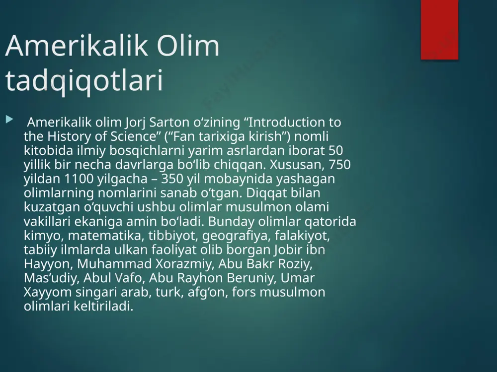 oʻtkazishni keltiradi. roziy oʻz asarida oʻngacha maʼlum boʻlgan moddalarni tasniflab, asbob va tajribalarni maʼlum bir tizimga solgan. abu abdullo al-xorazmiyning „bilimlar kaliti“ kitobida kimyoga alohida boʻlim ajratilib, unda turli moddalar, asboblar, tajribalar toʻgʻrisida mukammal maʼlumotlar keltirilgan jobir ibn xayyom nemis sharqshunos olimasi zingfrid xenka «arab quyoshi g‘arbga ziyo sochadi» nomli yirik asarida bu masalani atroflicha yoritgan. xususan, kitobning «madrasaga qatnayotgan xalq» deb ataluvchi bobida g‘arb aholisining 95 foizi savodsiz bo‘lgan, buyuk sharl qarigan chog‘ida o‘qish, yozishni qiynalib o‘rganayotgan, hatto ibodatxonalarda qalam tutishni biladiganlar nodir bo‘lgan ix – xii asrlarda islom olamining shaharu qishloqlaridagi minglab madrasalar millionlab o‘g‘il-qizlarni kutib olayotgani haqida hikoya qilinadi 2001 yilning bmt tomonidan “sivilizatsiyalar o‘rtasidagi muloqot” yili etib belgilanishi ham yuqoridagi fikrni qo‘llab-quvvatlaydi. shunga binoan g‘arb sivilizatsiyasini markaziy va yagona, deb qarash da’vosi xalqaro me’yorlarga ham tarixiy va geografik haqiqatlarga ham to‘g‘ri kelmaydi. shunday ekan, bugungi kunda sivilizatsiyalar o‘rtasidagi muloqot chaqirig‘i insoniyat hayotidagi oqilona, xalqaro munosabatlardagi to‘g‘ri …
