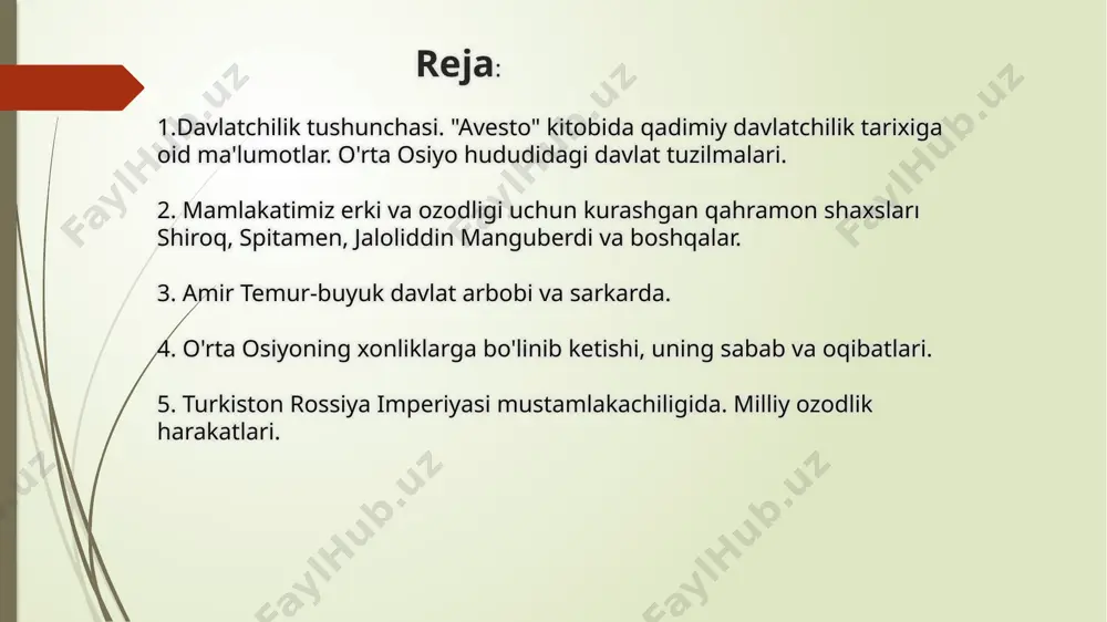 onlik tangrisi axriman orasidigi doimiy olishuv timsolida hech qachon toʻxtamaydi. tarixchi masʼudiyning yozishicha, podsho doro ibn doro xazinasida “avesto”ning 12 ming oltin taxtaga, balxiyning “forsnoma” kitobi va abu rayhon beruniy asarlarida keltirilgan maʼlumotlarga koʻra esa, 12 mingta mol terisiga tillo suvida yozilgan 32 ta kitobdan iborat nusxasi boʻlgan. makedoniyalik aleksandr miloddan avvalgi 334–329-yillarda markaziy osiyoni zabt etgan davrda “avesto”ning koʻpgina sahifalari yoqib yuborilgan. moʻgʻullarga qarshi kurashi chingizxon boshchiligidagi moʻgʻul qoʻshinlari movarounnahrga bostirib kirib birin-ketin shaharlarni egallab, samarqandga yaqinlashganlarida xorazmshoh muhammad kaspiy dengizi boʻyida joylashgan obeskun shahri yaqinidagi ashura orolidan panoh topgan. ogʻir bemor boʻlgan muhammad oʻgʻillarini yoniga chorlab, soʻnggi damda jaloliddin manguberdini oʻz oʻrniga xorazmshoh etib tayinlagan. jaloliddin manguberdi ukalari oqshoh va qutbiddin oʻzloqshoxlar bilan birga gurganj mudofaasiga oshiqadi. lekin gurganjdagi qipchoq amirlari turkon xotunning akasi xumorteginni sulton deb eʼlon qilib, jaloliddin manguberdiga qarshi suiqasd uyushtirmoqchi boʻldilar. bundan xabar topgan jaloliddin manguberdi temur malik boshchiligidagi 300 suvoriy bilan gurganjni tark …