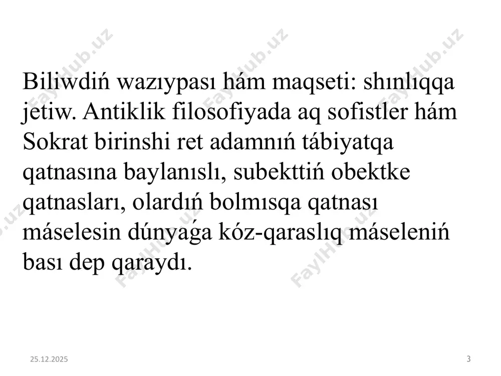 shi teoriya. agnostitsizm wákilleri bolmıstıń sheksizligi, aqırı joqlıǵı hám quramalılıǵı, insan sezim aǵzaları múmkinshilikleriniń sheklengenligine tıykarlanıp bolmıstı biliw múmkin emes dep esaplaydı. skepticizm skeptitsizm (grekshe skeptomai - " qaraw", " názer salıw"). biliwdiń múmkinshiliklerin birotala joqqa shıǵarǵan joq. biraq biziń bilimlerimizdiń haqıyqatlıǵına, olardıń sırtqı dúnyanıń qubılıslarına adekvatlıǵına guman keltirdi. skepticizmniń tiykarın salıwshılardıń biri pirron tek seziwlik qabıllawdı ǵana maqulladı. tek adam seziw arqali biliwge boladi deydi. onıń pikirinshe subekt qubılıstan tikkeley obekttiń tiykarın biliwge ótkende adasıw baslanadı. demek, skeptik eń sońǵı birotala sheshimge keliwden mudamı biytárep qalıwı tiyis. skepticizm eki jaǵdaydan kelip shıqtı. birinshi - filosoflarda birlikli sistema dóretiwshi baslama joq demek ol óz ishinde logikalıq qarama-qarsılıqqa iye. ekinshi-filosoflar qarama-qarsılıqlı jaqdaylardı tiykarlaydı eken, onda filosofiya shınlıqtı izlep tabıw múmkinshiligine iye emes. jańa dáwirde f. bekon hám r. dekart biliwdi subekttiń obektke qatnası sıpatında tereńletti. r. dekart oylawdaǵı «men» biliw háreketiniń subekti. obekt-subekttiń biliw aktivligi baǵdarlanǵan bizdi qorshaǵan dúnya. solay etip, …