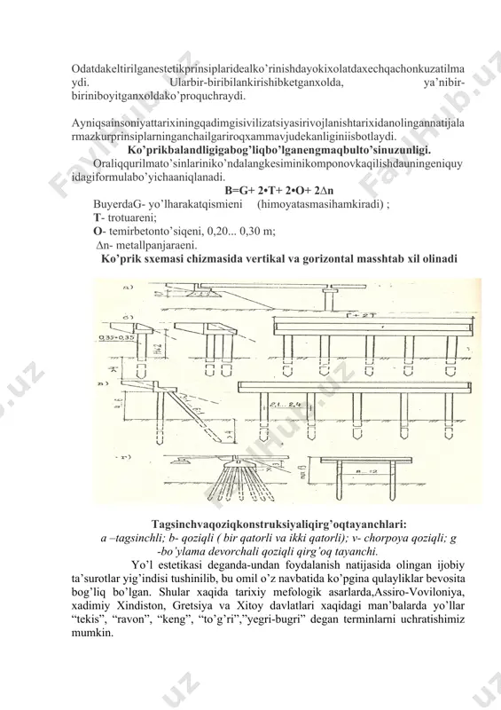 turish va hosil bo’lgan nuqsonlarni o’z vaqtida tuzatib turishdan iborat. sun’iy inshootlar doimo ularning mustahkamligini kamaytiradigan ta’sirlar ostida bo’ladi. bularning asosiylari: vaqti-vaqti bilan o’zgarib turuvchi havo darajasi va namligi, yog’ingarchiliklar, daryo suvlari va muzlarning ta’siridir. bu inshootning qaysi geografik kenglikda joylashganiga qarab o’zgaradi. kichik va o’rta ko’priklar va suv o’tkazish quvurlarini qurish bo’yicha katta xajmdagi ishlar «o’zavtoyo’l» konserni korxonalari tomonidan bajariladi. ko’prik va yo’lo’tkazgichlardan foydalanish va ta’mirlash «o’zbyokiston temir yo’llari» va «o’zavtoyo’l» konserni korxonalariga zimmasiga yuklatilgan. ko’prik qurish ishlarini tashkil qilish va qurish-montaj ishlariga boshchilik qilish chiziqli va to’rli kalendar grafiklar yordamida bajariladi. ushbu grafiklarda ishlarning ayrim turlari ketma-ketligi, xajmi va vaqti belgilanadi. grafiklar bir necha turda bo’lishi mumkin. tarixdan keltirilgan ana shunday yo’llardan biri – “jarayonlar yo’li” – deb ataluvchi qadimgi vaviloniyabagi esagimu xarami bilan ishtar darvozasigacha bo’lgan yo’l bo’lib, davlat va diniy marosimlarning barcha ana shu obyektda tashkil etilgan va amalga oshirilgan. bo’ yo’lga iloxiy tus berilib, “afina …