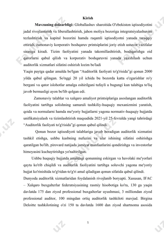 orlari qayta ko'rib chiqildi va auditorlik faoliyatini tartibga soluvchi yagona me'yoriy hujjat ko'rinishida to'g'ridan-to'g'ri amal qiladigan qonun sifatida qabul qilindi. dunyoda auditorlik xizmatlaridan foydalanish rivojlanib boryapti. xususan, ifac – xalqaro buxgalterlar federatsiyasining rasmiy hisobotiga ko'ra, 130 ga yaqin davlatda 175 dan ziyod professional buxgalterlar uyushmasi, 3 milliondan ziyod professional auditor, 100 mingdan ortiq auditorlik tashkiloti mavjud. birgina deloitte tashkilotining o'zi 150 ta davlatda 1600 dan ziyod shartnoma asosida auditorlik tekshiruvlarini o'tkazib, 46,2 milliard aqsh dollari miqdoridagi daromadni qayd etdi. respublikamizda 2021-yilning 1-yanvar holatiga 99 ta auditorlik tashkiloti faoliyat ko'rsatib kelyapti, auditorlar soni 572 kishini tashkil qiladi. 19 ta mahalliy auditorlik tashkiloti yirik xalqaro tarmoq va uyushmalar a'zolari hisoblanadi. yurtimizda ham katta to'rtlik (big-4) - “ernst &young”, “pricewaterhousecoupers”, “deloitte and touche” va “krmg” xalqaro auditorlik tashkilotlarining sho''ba jamiyatlari faoliyat yurityapti. qonun auditorlik faoliyatini faqat auditning xalqaro standartlari asosida amalga oshirish, uni litsenziyalanadigan turlar tarkibidan chiqarish, maxsus vakolatli davlat organi sifatida moliya …