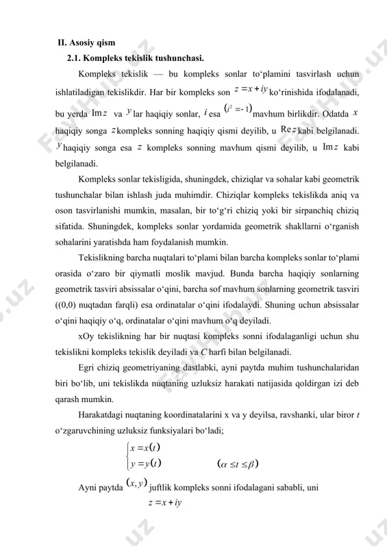 -misol. ushbu funksiya aniqlaydigan egri chiziqni toping, bunda o‘zgarmas haqiqiy sonlar. yechim. kompleks sonni deb, so‘ngra munosabatlardan foydalanib, ya’ni bo‘lishini topamiz. keyingi tenglikda haqiqiy va mavhum qismlarni bir-biriga tenglashtirib, ya’ni tengliklarga kelamiz. bu yarim o‘qlari va bo‘lgan ellipsdir. demak, funksiya ellipsni ifodalar ekan. 3-misol. ushbu funksiya aniqlagan egri chiziqni toping, bunda o‘zgarmas musbat son. yechim. agar deyilsa, unda bo‘lib, bo‘ladi. keyingi tengliklarni ko‘rinishda yozsak, undan bo‘lishi kelib chiqadi. bu chiziq astroidadir. demak, astroidaning parametrik tenglamasi 2.2. kompleks tekislikda chiziqlar va sohalar. kompleks tekislik da biror nuqta hamda son olaylik. 1-ta’rif. ushbu tengsizlikni qanoatlantiruvchi nuqtalardan iborat to‘plam nuqtaning atrofi (- atrofi ) deyiladi va kabi belgilanadi. demak, . shunga o‘xshash nuqtaning atrofi (-atrofi ) tushunchasi kiritiladi: ushbu to‘plam nuqtaning o‘yilgan atrofi deyiladi. faraz qilaylik, kompleks tekislik da biror to‘plam berilgan bo‘lsin. 2-ta’rif. agar nuqta o‘zining biror atrofi bilan shu to‘plamga tegishli bo‘lsa, nuqta to ‘plamning ichki nuqtasi deyiladi. 3-ta’rif. barcha nuqtalari …