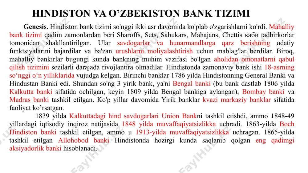 indiston hukumati 1949 yilda bank kompaniyalari to'g'risidagi qonunni qabul qildi, keyinchalik u 1949 yilda bank faoliyatini tartibga solish to'g'risidagi qonun sifatida o'zgartirildi. hindiston zaxira banki banklarni tartibga soluvchi, hukumat banki va bankirlar banki sifatida ishlaydi. u turli chora-tadbirlar orqali mamlakatdagi moliya tizimini nazorat qiladi. hindiston davlat banki va uning sherik banklari. umuman olganda iqtisodiyotga va xususan qishloq sektoriga xizmat ko'rsatish uchun butun hindiston qishloq kredit tadqiqot qo'mitasi hindiston imperial bankini o'z qo'liga olish va u bilan integratsiyalashuv orqali davlat hamkorligida va davlat tomonidan homiy qilinadigan bank yaratishni tavsiya qildi. 1955 yil may oyida parlamentda tegishli akt qabul qilindi va 1955 yil 1 iyulda hindiston davlat banki tashkil etildi. keyinchalik, hindiston davlat banki to'g'risidagi qonun 1959 yilda qabul qilindi, bu hindiston davlat bankiga sakkizta bankni o'z zimmasiga olishga imkon berdi. uning sho''ba korxonalari sifatida sobiq davlat bilan bog'liq banklardir. hindiston davlat bankining assotsiatsiyalangan banklari, ya'ni hindiston davlat bankining ko'rsatmalariga ko'ra, haydarobod …