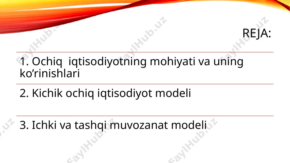 . dunyoning ko’pgina davlatlarida sof eksport hajmi asosiy ayniyatning boshqa ko’rsatkichlariga nisbatan yaim hajmiga kam ta’sir ko’rsatadi (o’rtacha 3-4 % yaimdagi ulushi). asosiy ayniyatni o’zgartiramiz : y–c- g = i + xn ifodaning chap tomoni y- c- g milliy jamg’armani beradi, ya’ni uy xo’jaligi iste’moli va davlat talabini kondirilgandan so’ng qolgan qismi hisoblanadi shuning uchun y –c- g ifodani s bilan belgilab olamiz . s = y –c- g . endi ifoda quyidagicha tus oladi : s = i + xn yoki (i - s) + xn = 0 (i - s) + xn = 0 bu ayniyat milliy hisoblarning asosiy ayniyati bo’lib, xalqaro oqimlar o’rtasidagi o’zaro bog’liqlikni ifodalaydi, ya’ni oldindan belgilangan jamg’arilgan kapital (i - s) va xalqaro oqimlar xn . (i - s) + xn = 0 tenglamadagi har bir ishtirokchi ko’rsatkich o’ziga xos nomlanishga ega va o’ziga xos funktsiyaga ega . (i - s) to’lov balansida kapital …