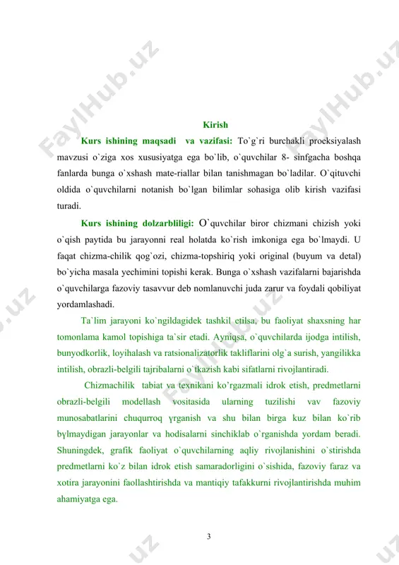 uni fikran qayta ishlash bilan bog`langan aqliy operatsiyalarning salmog`i sezilarli darajada oshib bormoqda. ishlab chiqarishga elektron xisoblash qurilmalari va programmali boshqarilagidan mashinalarning kiritilishi bilan bu operatsiyalar murakkablashib bormoqda.agar jamiyat ishlab chiqarish kuchlari rivojlanishining muayyan bosqichlarida insonning grafik savodxonligi ob`ektlarning grafik modellariga ko`ra ish olib borish uquvi bilan belgilangan bo`lsa, hozirgi davrga kelib abstrakt va simvolik shaklda sxematik va belgili modellar bilan tez-tez ish ko`rishga to`g`ri kelmoqda.hozirgi vaqta insonning grafik tayyorgarlik saviyasi grafik tasvirlar yasash texnikasini egallash daradasi bilan emas, balki uni obrazdi-belgili modellarni fikran amlashtirishga qay darajada tayyor ekanligi uning obrazli tafakkuri bilan aniqlanadi. inson faoliyatida texnikaning roli chuqurroq tahlil qilib ko`rilsa, quyidagi ikki xulosaga kelish mumkin. birinchidan, insonning obrazli tafakkur qilish qobiliyatini rivojlanishiga, uning fazoviy tasavvurini qo`zg`aluvchanligiga bo`lgan talablar oshib bormoqda.bunday rivojlanishning muvaffaqiyati ta`limning mazmuni va o`qitish metodlarini takomillashtirilishiga bog`liq. hech bir o`quv predmeti o`kuvchilarning fazoviy tasavvurini chizmachilikdek rivojlantira olmaydi. so’ngra, predmetning fazoviy xususiyati va munosabatlari haqida axborotlar berish …