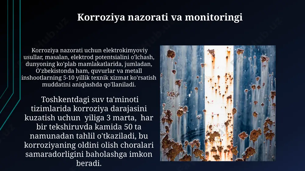 bo'lib, ph darajasi 5,6 dan past bo'lgan yomg'irlar, metallarning kimyoviy korroziyasini 3-4 barobar tezlashtiradi va buyuk britaniya kabi sanoatlashgan mamlakatlarda katta muammo hisoblanadi. kimyoviy korroziya jarayonida, temirning zanglashi misolida, fe atomlari fe2+ ionlariga aylanadi va bu reaksiya standart potensialining -0,44 v bo'lishi bilan tavsiflanadi. korroziya sinovlari standart astm b117 bo'yicha tuzli buzadigan suyuqlik sinovi (salt spray test) yordamida, 5% li tuz eritmasi bilan 24 soat davomida 35°c haroratda korroziya jarayonini aniqlash mumkin, natijalar andijon viloyatidagi zavodlarda qo'llaniladi. korroziya sinovlari jarayonida, masalan, 5% tuzli eritmada 25°c haroratda 72 soat davomida namlik ta'siriga chidamlilik tekshirilishi mumkin, natijalar esa toshkentdagi metallurgiya institutida o'rganiladi. korroziya zararining iqtisodiy jihatlari o'zbekistonning kimyo sanoatida korroziya natijasida yiliga 50 million dollardan ziyod yo'qotishlar ro'y beradi, bu esa asbob-uskunalarning tez eskirishi va ishdan chiqishi bilan bog'liq. rossiyaning neft va gaz quvurlari korroziyasi tufayli yiliga 10 milliard rubldan ortiq zarar ko'radi, bu esa tabiiy resurslarni qazib olish va tashish samaradorligini …
