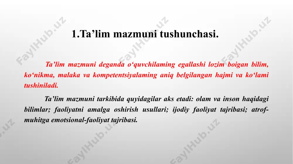 sqichlari bilan uzluksizligi va ta’lim mazmunining uzviyligi; umumiy o‘rta ta’lim mazmunining respublikadagi barcha hududlarda birligi va yaxlitligi; umumiy o‘rta ta’limning mazmuni, shakli, vositalari va usullarini tanlashda innovatsion texnologiyalarga asoslanilganligi; o‘quvchilarda fanlami o‘rganish va ta’lim olishni davom ettirish uchun tayanch va fanlarga oid umumiy kompetensiyalami rivojlantirishning ta’minlanganligi; rivojlangan xorijiy mamlakatlaming ta’lim sohasida me’yorlarni belgilash tajribasidan milliy xususiyatlami hisobga olgan holda foydalanish. davlat ta’lim standard quyidagi tarkibiy qismlardan iborat: davlat ta’lim standarti o ‘quv reja malaka talablar baholash tizimi o‘quv dasturi umumiy o‘rta ta’limning tayanch o‘quv rejasi umumiy o‘rta ta’lim muassasalarida o‘qitiladigan о‘quv fanlari nomi, о‘quv yukiamasinmg minimal hajmi hamda ulaming sinflar bo‘yicha taqsimoti belgilangan hujjat hisoblanadi. tayanch o‘quv reja umumiy o‘rta ta’lim muassasalarining dars jadvalini ishlab chiqish uchun asos hisoblanadi. tayanch o‘quv reja umumta’iim fanlari bo'yicha belgilangan ta’lim mazmunini o‘quvchiga yetkazish uchun ajratilgan o'quv soatlari (davlat ixtiyoridagi va maktab ixtiyoridagi soatlar)ning minimal hajmini belgilaydi. umumiy o‘rta ta’limning tayanch o‘quv rejasi umumiy …