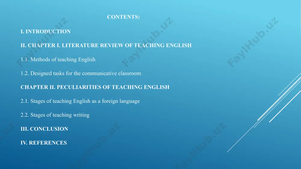 include: literature review: analyzing existing research and scholarly articles on language teaching methodologies. case studies: examining real-world examples of language instruction methods in various educational contexts. empirical research: conducting surveys, interviews, and observations to gather data on the effectiveness of different teaching approaches. comparative analysis: contrasting different methodologies to identify their strengths and weaknesses in language instruction. practical value. the practical value of this course paper is its relevance to language educators and practitioners seeking to enhance their teaching methodologies. by offering practical insights and recommendations based on empirical research and case studies, this paper aims to inform language instructors about effective strategies for optimizing english language instruction in diverse educational settings. structure of the course paper: introduction methods of teaching english designed tasks for the communicative classroom peculiarities of teaching english conclusion each section will delve into specific aspects of language instruction, providing a comprehensive analysis of modern teaching …