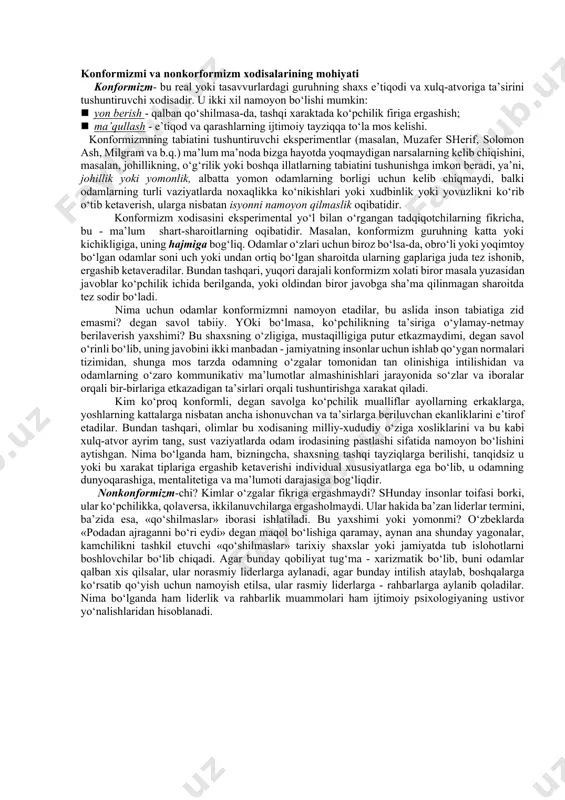 rlik qilish, bir - birlariga ta’sir ko‘rsatish imkoniyati bo‘lishi kerak. amerikalik psixolog ch. kuli hamkorlikning darajasi mezoniga ko‘ra guruhlarni birlamchi va ikkilamchi turlarga bo‘lib o‘rganishni taklif etgan edi. birlamchi guruhda shaxslararo o‘zaro ta’sir «yuzma - yuz, bevosita» ro‘y beradi. masalan, oila davrasidagi, sinfdagi, hisobchilar xonasida o‘tirganlar birlamchi guruhga misoldir. ikkilamchi guruhlarda har doim ham odamlarning bevosita muloqotda bo‘lish imkoniyatlari bo‘lmaydi. ular o‘rtasidagi munosabat va o‘zaro ta’sir bilvosita bo‘ladi. masalan, yirik bir tashkilotdagi tizimlar orqali muloqot, kasaba uyushmasiga birlashgan odamlar, «vatan» taraqqiyoti partiyasi a’zolarining bog‘liqligi ikkilamchi guruhga misol. ularda ham umumiylik bo‘ladi, masalan, o‘sha partiyani oladigan bo‘lsak, ular qashqadaryoda bo‘ladimi, farg‘onadami, baribir umumiy g‘oya atrofida birlashishadi, a’zolik badallarini vaqtida to‘lab turishadi, saylov oldi kompaniyalarida bir - birlarini qo‘llab - quvvatlab turadilar. turli guruhlar inson hayotida bir necha funksiyalarni bajaradilar: a) ijtimoiylashtiruvchi funksiya; b) instrumental, ya’ni, aniq mehnat funksiyalarni amalga oshirishga imkon beruvchi muhit; v) ekspressiv - odamlarning o‘zgalarning tan olishlari, hurmatga …