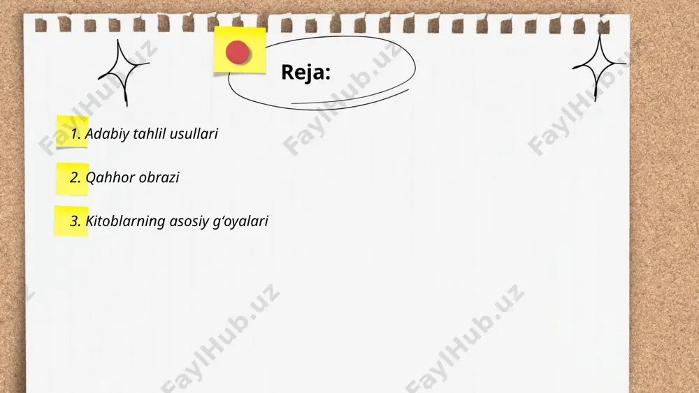 zbek adabiyotining oldingi avlodi" deb nomlangan guruh qatorida olib bordi. ... t.me/slaydai_bot 3. kitoblarning asosiy gʻoyalari odatda muallifning fikrlari, jamiyatga ta'siri va adabiy uslubi orqali ifodalanadi. kitoblar turli janrlar va mavzularni qamrab oladi: tarixiy, ilmiy, falsafiy, badiiy va ilmiy-ommabop. ko'pincha asosiy g'oya muammolarni ochib berish, axloqiy-didaktik xulosalar chiqarish yoki hayotiy masalalarni yoritishga qaratiladi. olingan ma'lumotlarga ko'ra, kitoblarning 60% ijamiyat muammolarini o'rganishga qaratilgan bo'lib, ulardan 40% i esa badiiy asarlardir. kitoblarning yarmi taxminan 80% foydalanuvchilar tomonidan didaktik g'oyalari uchun o'qiladi. xvi asrdan boshlab kitob nashriyotlari va kitobxonlik madaniyati rivojlanishi kitoblarning asosiy g'oyalarini ommaga yetkazishda muhim rol o'ynagan. shu bois kitoblar inson tafakkurini shakllantirishda va yangi bilimlarni olishda hal qiluvchi ahamiyatga ega. ... t.me/slaydai_bot 4. uslubiyat va badiiy tasvir vositalari uslubiyat va badiiy tasvir vositalari asarlar yozilishida asosiy o‘rin tutadi. uslubiyat asarda til va nutq xususiyatlarining o‘ziga xos qo‘llanilish usullarini belgilaydi. badiiy tasvir vositalari esa asar mazmunini to‘liq ochish, ifodali va ta’sirli …