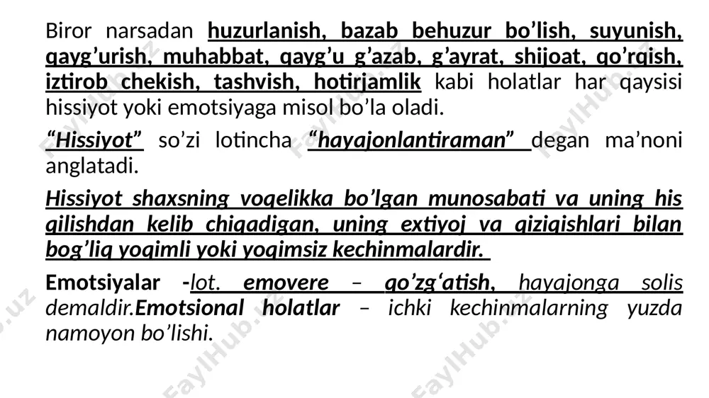 ki turga ajratiladi: konstruktiv- biz turiga (ko’pchilik orasida); destruktiv – (men turiga yakka shaxsning o’zi bilan) kechadigan jarayon. stressning fiziologik hamda psixologik turlari mavjud: fiziologik stress- bu o’ta jismoniy zo’riqish, biror og’riq, qo’rquv, kasalliklar natijasida vujudga keladi. bu organizmni o’ta zoriqishi, biror og’riq, qo’rquv kasalliklar natijasidan vujudga keladi.psixologik stress – 3. frustratsiya – tushkunlik ma’lum maqsadga erishishda umidlarning parchalanishi bilan kechadiganinson muvaffaqiyatsizligining emotsional og’ir kechinmasi. frustratsiya ko’p hollarda frustratorga qarshi qaratilgantajovuskorlik hulq atvori bilan bog’liq. frustratsiya sabablari bartaraf etilmaganida, psixikaning davomli izdan chiqishi bilan bog’liq bo’lgan chuqur depressiv holat yuzaga kelishi mumkin(xotira mantiqiy tafakkurga bo’lgan layoqatlarning susayishi). 4. depressiya – xatti harakatlarning tormozlanishi faollikni kmayishi bilan bog’liq tushkunlik kayfiyati. 5. affekt – kuchli, shiddatli, qisqa muddatli hissiy holat. pedagog his-tuyg’ularning ta’lim-tarbiyaviy ishdagi ahamiyatini esda tutishi lozim. o’quvchilarda kuchli ijobiy emotsiyalar uyg’otadigan bilimlar bola beparvolik bilan qaraydigan ma ‘lumotlarga nisbatan tezroq va mustahkamroq о zlashtinladi. erishilgan muvaffaqiyatlar va yaxshi xulq-atvor uchun …