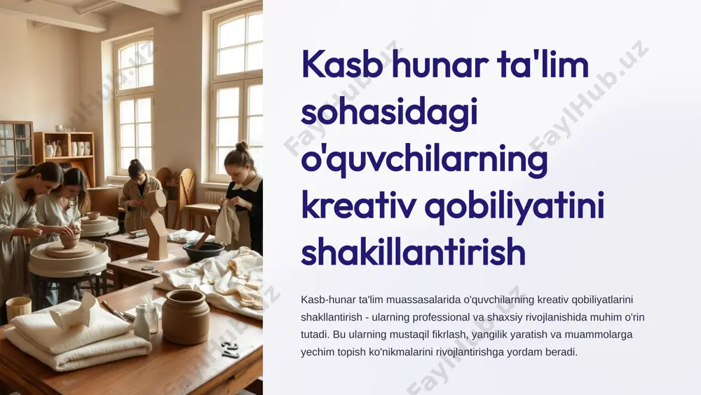 ng maqbul yechimni tanlash va amalga oshirish uchun qo'llab-quvvatlash. 6 interfaol va ijodiy o'quv metodlarini tadbiq etish aqliy hujum yangi g'oyalarni paydo qilish uchun o'quvchilarni joylashtirib, fikrlarni erkin almashishga undash. loyihalar o'quvchilarni jamoada ishlab, muammolarga yechimlar topish uchun loyihalar ustida ishlashga undash. (dumaloq stol, uch bosqichli intervyu, ruchka stol o’rtasida, akademik munozara) kreativ mashg'ulotlar o'quvchilarni ijod qilish, yangi g'oyalar yaratish va innovatsiyalarni o'rganishga undash. 7 kreativ fikrlash uchun muxit yaratish muhit ijodiy fikrlashni rag'batlantiruvchi, ta'lim oluvchilar uchun qulayligi ta'minlangan makon. qo'llab-quvvatlash o'quvchilarni mustaqil fikrlashga va yangi g'oyalar yaratishga qo'llab-quvvatlash. erkinlik o'quvchilarga kreativ g'oyalarni erkin ifodalash va rivojlantirish uchun sharoit yaratish. 8 xulosa va tavsiyalar kasb-hunar ta'lim sohasida o'quvchilarning kreativ qobiliyatlarini rivojlantirish ularning kasbiy va shaxsiy taraqqiyotida muhim o'rin tutadi. buning uchun muxt, metodlar va qo'llab-quvvatlash muhim ahamiyatga ega. kreativlikni rivojlantirish uchun o'qituvchilar mustaqil fikrlash, innovatsion yondashuv va ijodiy loyihalarni qo'llashlari kerak. bu o'quvchilarning professional ko'nikmalarini oshirishga va kasbiy mavqeini mustahkamlashga …