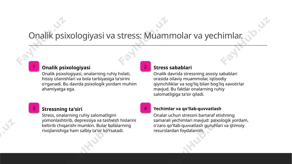 m rol o'ynaydi. 2 ijtimoiy qo'llab-quvvatlash onalar uchun ijtimoiy tarmoqlar, yaqinlar va do'stlar tomonidan beriladigan qo'llab-quvvatlash, ruhiy salomatlikni mustahkamlashda muhim ahamiyatga ega. 3 an'analar va zamona o'zbek madaniyatida onalik an'analari bilan zamonaviy talablardan kelib chiqadigan muammolar mavjud. bu muammolarni hal qilish hayot sifatini oshiradi. 4 madaniyat ta'siri madaniyat, onalarning ruhiy salomatligi va farovonligiga ta'sir etadi. onalar uchun madaniy tadbirlar va dasturlar, stressni kamaytirishga yordam beradi. xulosa perinatal psixologiya ahamiyati perinatal psixologiya onalarning ruhiy salomatligini yaxshilashda muhim rol o'ynaydi, bu esa farzandlarning sog'lom rivojlanishiga yordam beradi. stress va yechimlar onalar uchun stressni boshqarish va qo'llab-quvvatlash tizimlari muhimdir, chunki ular ruhiy salomatlikni ta'minlashda muhim ahamiyatga ega. madaniyat va onalik o'zbek madaniyatidagi onalik an'analari zamonaviy talablarga javob berishi juda muhim, bu ruhiy salomatlikni mustahkamlashga yordam beradi. e'tiboringiz uchun rahmat! /docprops/thumbnail.jpeg