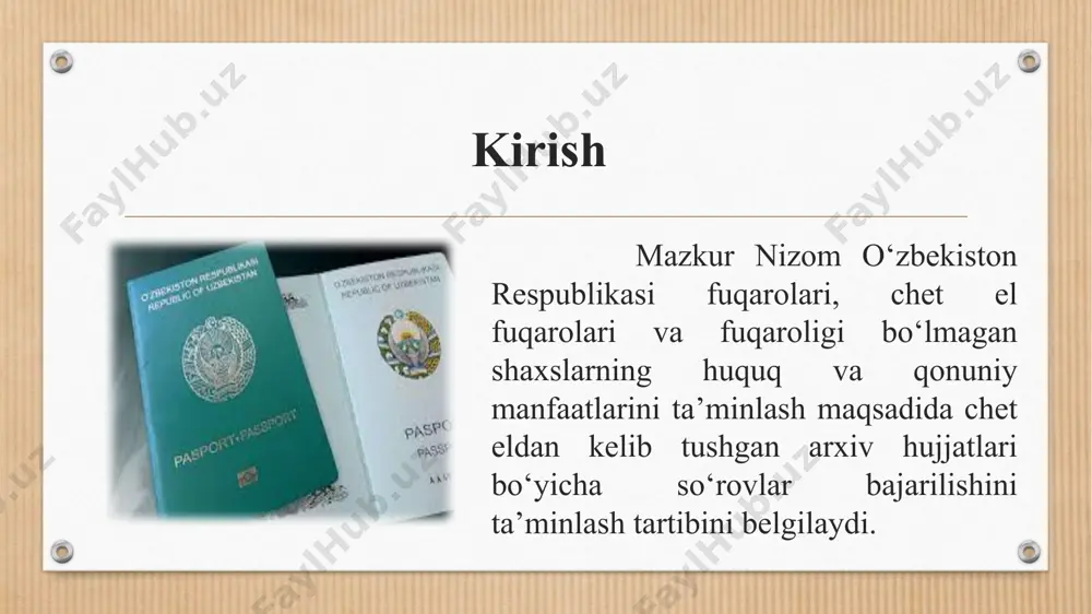 va oʻzbekiston respublikasi davlat xavfsizlik xizmati organlarida xizmat qilgan. o‘zbekiston respublikasi ichki ishlar vazirligi, shuningdek, o‘zbekistonda qatag‘on qurbonlarini reabilitatsiya qilish – o‘zbekiston respublikasi davlat xavfsizlik xizmati idora arxiviga va ichki ishlar vazirligining tezkor axborotlashtirish boshqarmasiga. o‘zbekiston respublikasi; mdh davlatlaridan tashqari mdh davlatlaridan tashqari xorijiy davlatlarda yashovchi fuqarolar tomonidan davlat arxivlariga bevosita kelib tushgan har qanday so‘rovlar bo‘yicha tayyorlangan arxiv hujjatlari va javob xatlari agentlik orqali murojaat etuvchilarga yuboriladi. mdh davlatlaridan tashqari xorijiy davlatlarda yashovchi fuqarolarning nodavlat arxivlariga bevosita kelib tushgan har qanday so‘rovlar bo‘yicha tayyorlangan arxiv hujjatlari va javob xatlari ushbu arxivlar tomonidan mustaqil ravishda yoki agentlik orqali murojaat etuvchiga yuborilishi mumkin. o‘zbekiston respublikasi tashqi ishlar vazirligi va o‘zbekiston respublikasining xorijdagi konsullik muassasalari tomonidan agentlikka yuborilgan fuqarolarning murojaatlari davlat arxivi tomonidan ko‘rib chiqiladi, javoblar, shu jumladan arxiv hujjatlari agentlik tomonidan o‘zbekiston respublikasi tashqi ishlar vazirligi. xulosa mazkur nizom talablarining buzilishida aybdor shaxslar qonun hujjatlarida belgilangan tartibda javobgar bo‘ladilar. o‘zbekiston respublikasi …