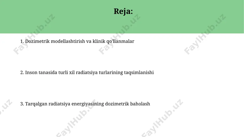 kasallikka olib kelishi mumkin. himoya choralari sifatida qo'rg'oshinli apronlar va boshqa shaxsiy himoya vositalaridan foydalanish tavsiya etiladi. to'qimalarning radiatsiyaga sezuvchanligi radiatsiya ta'sirida dnk shikastlanishi natijasida to'qimalarning sezuvchanligi individual farqlarga ega, genetik omillar va immunitet holati 1,5-2 barobar farqni keltirib chiqarishi mumkin. to'qimalarning radiatsiyaga sezuvchanligi hujayralarni yangilanish tezligiga bog'liq bo'lib, tez ko'payadigan hujayralar (masalan, suyak ko'migi, ichak shilliq qavati) 0,5-2 gy dozada o'limga olib kelishi mumkin. tarqalgan radiatsiya energiyasining dozimetrik baholash differentsial dozimetriya usullari, masalan, termoluminestsent dozimetrlari (tld) yordamida 1 msv dan past dozalarni aniq oʻlchash imkonini beradi. suyak toʻqimasida tarqalgan radiatsiyaning dozasi yumshoq toʻqimalarga nisbatan 2-3 marta yuqori boʻlishi mumkin, bu esa dozimetrik hisob-kitoblarda hisobga olinishi kerak. energiya taqsimoti modellari energiya taqsimoti modellari monte-karlo usuli yordamida 10⁶ dan ortiq fotonlarni simulyatsiya qilish orqali aniqroq dozimetrik natijalar beradi. fano faktorining (taxminan 0.17) hisobga olinishi, ionlashtiruvchi nurlanish ta'sirida energiya taqsimoti noaniqliklarini kamaytiradi va aniqroq dozimetrik modellashtirishni ta'minlaydi. ionlashtiruvchi radiatsiya turlari neytron radiatsiyasi …