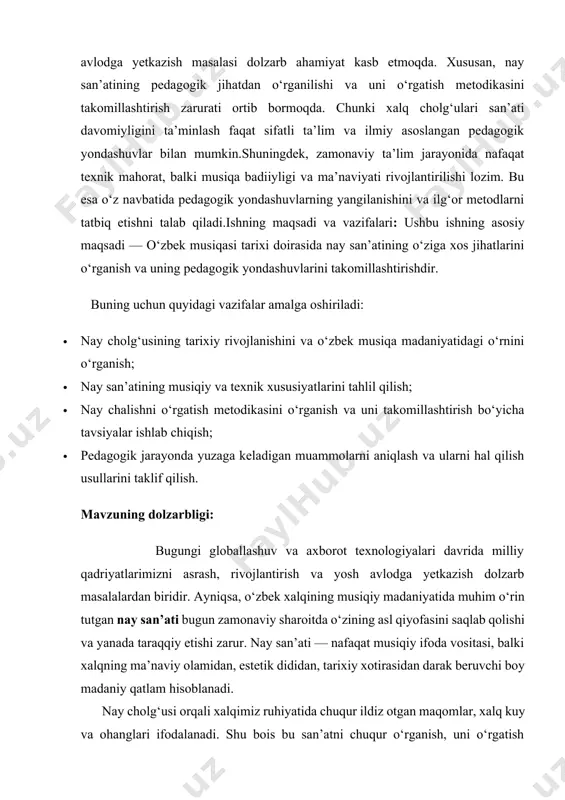 oy tantanalarida keng qo‘llanilgan. bu xalqlarning qadimiy san’at asarlarida nay yoki unga o‘xshash asboblarning tasviri va ularga oid yozma manbalar topilgan. bu esa nay san’ati insoniyatning umumiy madaniyatida qadimdan buyon muhim rol o‘ynaganini ko‘rsatadi. markaziy osiyoda, jumladan, o‘zbekiston hududida ham nay san’ati juda qadimdan rivojlangan. arxeologik topilmalar, devoriy rasmlar, haykaltaroshlik namunalarida nayga o‘xshash musiqiy cholg‘ular aks etgan. qadimgi sug‘d, baqtriya va xorazm davrlariga oid tarixiy obidalarda ham nay chalayotgan musiqachilar tasvirlari mavjud. nay o‘tmishda asosan saroy musiqa ansambllari va xalq bayramlarida keng qo‘llanilgan, shuningdek, diniy marosimlarda ham nayning o‘ziga xos o‘rni bo‘lgan. o‘rta asrlarda o‘rta osiyo va movarounnahr hududida musiqa san’ati, xususan, nay san’ati yuksak darajada rivojlandi. bu davrda al-farobiy, abu ali ibn sino, safiuddin urmaviy kabi buyuk allomalar tomonidan musiqa nazariyasi, cholg‘ularning tuzilishi, ohang chiqarish usullari va ularning inson salomatligiga ta’siri haqida fundamental ilmiy asarlar yaratildi. al-farobiy o‘zining "musiqa ilmi" asarida nayni mukammal musiqa asbobi sifatida ta’riflab, uning tuzilishi …
