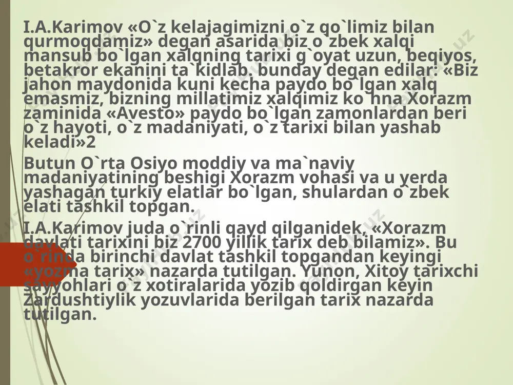 . u yigirma ikki bob bo`lib, boblari fragard deb nomlangan. fragardlarning ma`nosi, vazifasi, uslubiy tuzilishi turlicha: birinchi fragard – odamlar yashaydigan barcha yurtlarni axura-mazda qanday yaratgani to`g`risida bo`lib, ular orasida xorazm, so`g`d, marg`iyona, baxdi (balx) va boshqalar bor; ikkinchi fragardda jamshid podsholigi – kasallik, o`lim, azob-uqubatlar bo`lmagan zamon haqida, ya`ni insoniyatning oltin asri haqida gap boradi; uchinchi fragard dehqonchilikning savobli sharofatlari va h.k. haqida. shuningdek, videvdatning boshqa fragardlaridan zardusht bilan axura-mazdaning savol-javoblari va muloqotlari ham o`rin olgan. ikkinchi kitob «yasna» deb atalib, avestoning e`tiborli bo`limi sanaladi. 3. avestodagi real, dunyoviy qadriyatlar. bu kitobda juda ko`p g`oya, fikr, tavsiya, o`gitlar bor bo`lgani uchun biz faqat real, haqiqiy hayotga dunyoviy munosabatlarga tegishli hozir ham talabalar uchun o`z ahamiyatini yo`qotmagan masalalar ustida to`xtaymiz. avestoning asosiy g`oyalari olamdagi barcha tartiblar, ezgulik (yaxshilik) va yomonlikdagi, ziyo va zulmat, hayot va o`lim o`rtasidagi kurashga bog`liq; dunyodagi barcha ezguliklarni ahuramazda, yomonliklarni ahriman ifodalaydi; bu kurashda odam oliy …