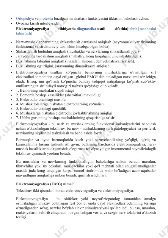 i, musiqachilar yoki qo'l mehnati bilan shug'ullanadiganlar orasida juda keng tarqalgan karpal tunnel sindromida sodir bo'ladigan azob-uqubatlar mavjudligini aniqlashga imkon beradi. qurilish ishchilari. elektromiyografiya (emg) nima? tekshiruv ikki qismdan iborat: elektronevrografiya va elektromiyografiya. elektronevrografiya - bu shifokor yoki neyrofiziopatolog tomonidan amalga oshiriladigan invaziv bo'lmagan test bo'lib, unda qayd elektrodlari odamning terisiga o'rnatilgandan so'ng, nervlar bo'ylab elektr stimulyatsiyasi qo'llaniladi, bu esa, masalan, reaktsiyalarni keltirib chiqaradi. , o'rganiladigan vosita va sezgir nerv tolalarini o'tkazish tezligi. bu faqat shifokor tomonidan amalga oshiriladi, u bir martalik igna elektrodlari yordamida mushaklarda dam olish paytida ham, mushaklarning qisqarishi paytida ham hosil bo'lgan elektr faolligini baholaydi. qanday hollarda elektromiyografiya tavsiya etiladi? elektromiyografik usullar asab-mushak patologiyalarini o'rganishda foydalidir: · yuqori va pastki oyoq-qo'llar · bosh; · bo'yin; · magistral; · uro-genital hudud (masalan, inkontinans, erektil buzilishlar, surunkali tos og'rig'i holatlarida). tekshiruv uchun eng ko'p so'raladigan patologiyalar, albatta, periferik nervlarning siqilishi, masalan, karpal tunnel sindromi va turli xil kelib …