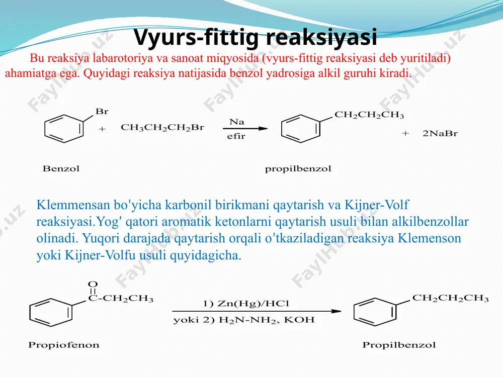 gidrogenlash usulida olinadi, rangsiz suyuqlik, qaynash temperaturasi 145,20c, suvda yomon eriydi, etanol, efir, vodorodsulfid bilan aralashadi, polonitril monomer olishda ishlatiladi. butadien stirol kauchik, termoelektrizolatsion bilan sopolimer, vinilxlorid olishda foydalaniladi nafas yo’liga va ko’zga ta’sir etadi. пdk 50mg/m3 adabiyotlar traven-1 z.sobirov “organik kimyo” p. sayks. “organik ximiyada reaksiya mexanizmlar” t.i. temnikova. organik ximiyani nazariy asoslari kursi” elektron saytlar ziyonet.uz kimyo.ru image4.wmf oleobject1.bin image5.wmf oleobject2.bin image6.wmf image7.wmf oleobject3.bin oleobject4.bin image8.wmf image9.wmf image10.wmf image11.wmf image12.wmf oleobject9.bin oleobject5.bin oleobject6.bin oleobject7.bin oleobject8.bin image13.wmf oleobject10.bin image14.wmf image15.wmf oleobject11.bin oleobject12.bin image16.wmf oleobject13.bin image17.wmf oleobject14.bin image18.wmf image19.wmf oleobject15.bin oleobject16.bin image20.wmf image21.wmf oleobject17.bin oleobject18.bin image22.wmf image23.wmf oleobject19.bin oleobject20.bin image24.wmf oleobject21.bin image25.wmf oleobject22.bin image26.wmf oleobject23.bin