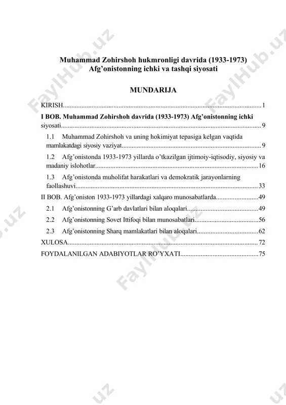 “iliq dengizlar”dagi portlarga chiqish va shu yo’l bilan jahon xo’jalik aloqalari tizimiga qo’shilish imkonini beradigan yangi transport kommunikatsiyalarini ochish yo’lida asosiy g’ov bo’lmoqda.”1 zamonaviy afg’oniston hududi o’z davrining yirik saltanatlari bo’lmish – ahamoniylar davlati, makedoniyalik aleksandr davlati, kushonlar imperiyasi, eron sosoniylari, islom dini kirib kelgach esa bir qator musulmon davlatlari tarkibiga kiritilganligi tarixdan ma’lum. xv asrda temuriylar saltanati tarkibida bo’lgan afg’oniston madaniy-ma’rifiy, ijtimoiy-siyosiy jihatdan o’zining eng gullagan davrlaridan birini yashagan desak mubolag’a bo’lmaydi. hirot temuriylar saltanatining ikkinchi yirik madaniy markazi bo’lgan. keyinchalik hindistonda o’z davlatini tashkil etgan zahiriddin muhammad bobur ham dastlab kobuldan turib o’z rejalarini amalga oshirgan. shu davrdan to mustaqil afg’oniston davlati tashkil topgunga qadar bu mamlakat goh eron safaviylari goh hindiston boburiylari hukmronligi ostida bo’lib kelgan. xviii asr birinchi yarmida afg’onistonda mustamlakachilarga qarshi xalq ozodlik harakatlari kuchayib bordi. 1islom karimov. o’zbekiston xxi asr bo’sag’asida: xavfsizlikka tahdid, barqarorlik shartlari va taraqqiyot kafolatlari. t., “o’zbekiston” 1997 y. 29 bet. …