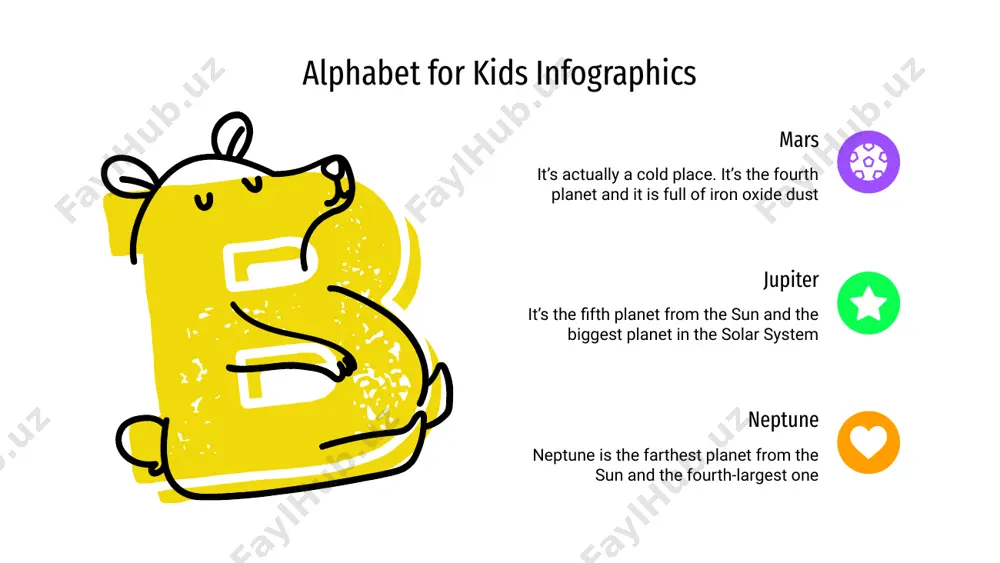 t planet from the sun and the fourth-largest one jupiter jupiter is a gas giant and the biggest planet in the solar system alphabet for kids infographics mars is a cold place. it’s full of iron oxide dust and it has a reddish cast mars jupiter is a gas giant, the biggest planet in the solar system jupiter saturn is composed of hydrogen and helium and is the ringed one saturn venus has a beautiful name, but also high temperatures venus alphabet for kids infographics mercury it is the closest planet to the sun 37% venus venus is the second planet from the sun 75% jupiter jupiter is the biggest planet of them all 61% saturn saturn is the ringed one and a gas giant 42% despite being red, mars is a cold place mars 85% alphabet for kids infographics neptune is the farthest planet from the sun saturn is …