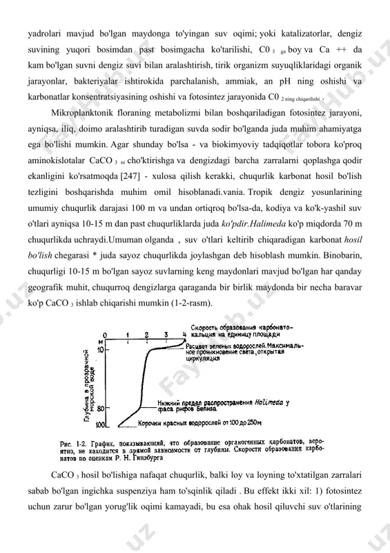 ekt ikki xil: 1) fotosintez uchun zarur bo'lgan yorug'lik oqimi kamayadi, bu esa ohak hosil qiluvchi suv o'tlarining o'sishini inhibe qiladi, qobiq parchalanganda aragonit ohak loyining asosiy qismi hosil bo'ladi. albatta, agar dengiz suvidan kalkerli loyning cho'kishi biokimyoviy tarzda aniqlansa, loyqa va ozgina yoritilgan suv tufayli fitoplanktonning bostirilishi karbonat hosil bo'lishiga sezilarli darajada salbiy ta'sir ko'rsatadi; 2) bentik umurtqasizlar istalgan o'lchamdagi kaltsiy karbonat zarralarini sezilarli darajada cho'ktiradilar va to'xtatilgan gil zarralari bu hayvonlarning rivojlanishiga to'sqinlik qiladi va ularning ovqatlanish mexanizmini buzadi. shuni ta'kidlash kerakki, ohaktosh va dolomitlarning asosiy massivlari hayratlanarli darajada toza karbonat moddasi bo'lib, ular erimaydigan loy yoki loyli qoldiqning atigi bir necha foizini o'z ichiga oladi. bunday "ifloslantiruvchi" komponentlar, shubhasiz, kalkerli cho'kindi jinslarning cho'kishiga salbiy ta'sir ko'rsatmoqda. karbonat cho'kindilarini yotqizish uchun yana ikkita jarayon, zarur bo'lmasa ham, muhim bo'lishi mumkin: suvni aralashtirish va kuchli bug'lanish. birinchi jarayon quyida muhokama qilinadi. havzalar va gelgit tekisliklarida dengiz rejimi tuzlari kontsentratsiyasini …