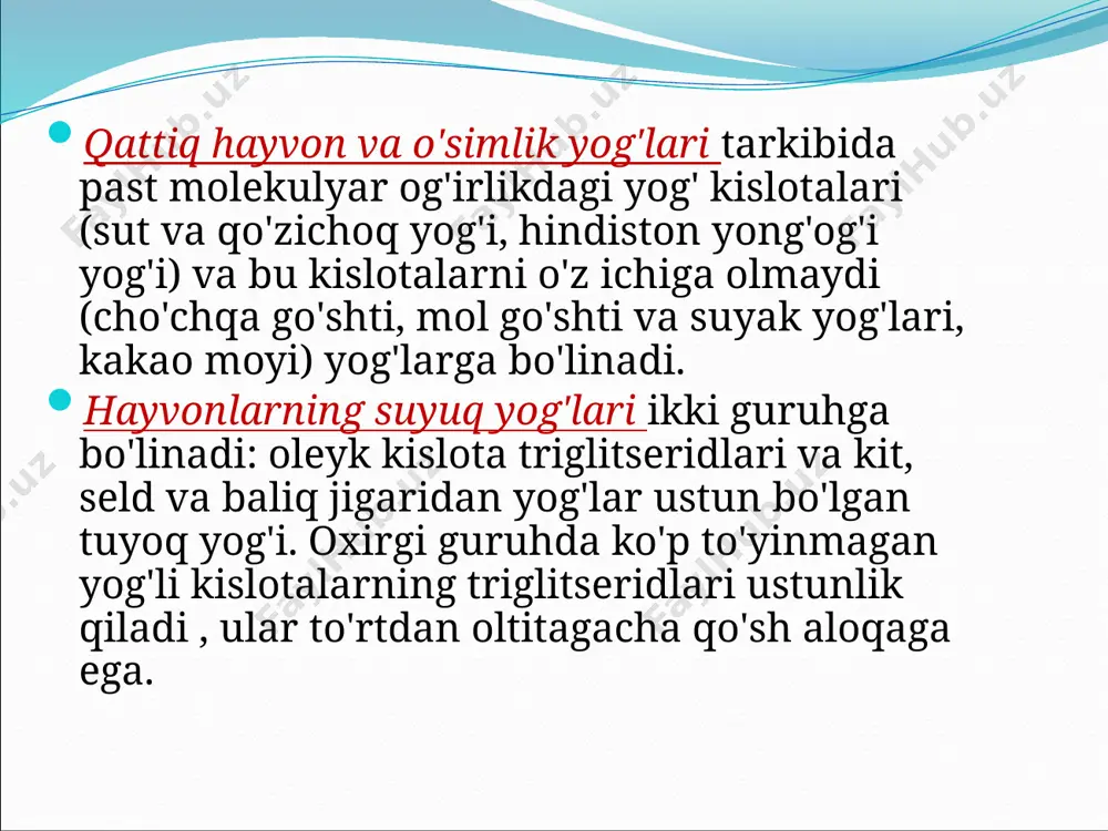 ez uchun mo'ljallangan , shirin, mayonez krem, parhez. 2018-03-22 ​konsistensiyaga qarab mayonez mahsulotlari qaymoqsimon, xamirsimon, qaymoqsimon va suyuq 3. kaloriya tarkibi bo'yicha: yuqori kaloriyali : ziravorlar bilan mayonez ( arpabodiyon mayonez bahor, qalampir bilan, zira, druzhba , xushbo'y , sharqiy ). o'rtacha kaloriya: yog' massasi ulushi kamida 47% va xantal kukuni (0,25%) kamaytirilgan havaskor mayonez, yog'li massa ulushi 46,1% bo'lgan pomidor mayonezi ko'proq sirka kislotasi (2%) va 3% tomat pastasi, pomidor hidi bilan o'tkir ta'mga ega. kam kaloriya: salat, xantal, yog'ning massa ulushi kamida 37% bo'lgan moskva. past kaloriyali mayonezlar, shuningdek, yog 'miqdori kamida 35% bo'lgan asal, malina, apelsin kabi shirin mayonezlarni o'z ichiga oladi. ushbu mayonezlar mos keladigan essensiyalarga ega bo'lgan shirin ta'mga ega. ulardagi sirka kislotasi limon kislotasi (0,4%) bilan almashtiriladi. ovqatlanadigan yog'larning sifatiga qo'yiladigan talablar o'simlik moyi ta'mi va hidi begona hid, ta'm va achchiqliksiz moy turiga xosdir. tozalangan deodorizatsiya shaffof, cho'kindisiz, hidsiz, shaxsiy yog'ning ta'mi yoki …