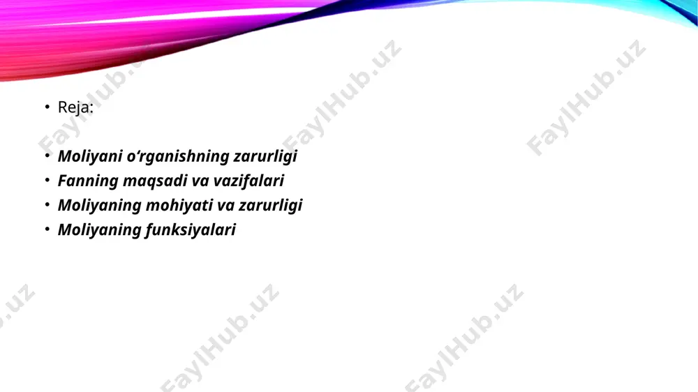 tish va tahlil qilish. moliyaning mohiyati va zarurligi moliya va moliyaviy tizimlar har qanday davlatga mablag‘larni soliqlar, boj va boshqa yig‘imlar tarzida fuqarolardan yig‘ib olish, bir joyga to‘plash hamda ulardan ko‘zlangan maqsadga muvofiq foydalanish imkonini beradi. shu yo‘l bilan davlat apparatining bir maromda ishlashi, mamlakatning samarali mudofaa qudrati, insonparvarlik sohalarining rivoji, jamiyatning kam ta’minlangan va yordamga muhtoj bo‘lgan tabaqalarining ijtimoiy jihatdan himoyalanishi ta’minlanadi, iqtisodiyotning ustuvor yo‘nalishlarini tezroq rivojlantirish choralari ko‘riladi. shunday qilib, moliyaning asosiy belgilari quyidagilardan iborat: 1. pul munosabatlari, ya’ni pul moliyani mavjud bo‘lishi va amal qilinishini moddiy asosi hisoblanadi (pul yo‘q joyda moliya bo‘lmaydi). 2. islohotlarning bosh tashkilotchisi bo‘lmish davlatning mavjudligi. 3. pul munosabatlari jarayonida umumdavlat pul fondlarini shakllanish jarayoni amalga oshiriladi. aytish mumkinki, moliyaning alohida belgisi uning fondli xarakteridir. 4. budjetga mablag‘larning doimiy tushishi soliqlar, yig‘imlar va boshqa to‘lovlarga davlatning majburiy tazyiqi xususiyatini o‘z-o‘zidan bermaydi va bu holat davlatning huquqiy-me’yoriy asoslarini yaratishga qaratilgan ijodiy faoliyati vositasida hamda …