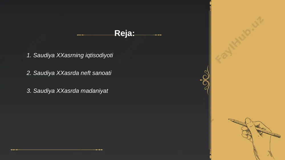 ionlab musulmonlar tashrif buyuradi. 1984 yildan beri faoliyati boshqacha bo‘lgan saudiya arabistoni musiqiy instituti 2020 yilda qayta ochildi. 2018 yilda ayollarga avtomobil haydash ruxsat berildi va madaniy islohotlar davomi boshlangan. bu islohotlar doirasida 2019 yilda mamlakatda birinchi kinoteatrlar ochilgan. ... t.me/slaydai_bot saudiya arabistonida ta'lim va ilm-fan jadal rivojlanmoqda. 2019-yilga kelib, mamlakatda 30 dan ortiq universitet va 50 dan ortiq kollej mavjud bo'lib, oliy ta'lim muassasalari soni ko'paymoqda. 2030-yilga mo'ljallangan vision 2030 strategiyasiga ko'ra, ilmiy tadqiqotlarga ajratilgan mablag' yillik yalpi ichki mahsulotning 2,5 foiziga yetkazilishi rejalashtirilgan. saudiya hukumatining maqsadi - yiliga 5 mingga yaqin xalqaro darajadagi ilmiy maqolalar tayyorlash. bundan tashqari, 2017-yildan beri "king abdulaziz city for science and technology" ilmiy markazi 15 mingdan ortiq ilmiy tadqiqot loyihalarini amalga oshirdi. maktab tizimida esa 500 000 dan ortiq o'quvchi stem yo'nalishida ta'lim olmoqda. saudiya xxasr xusinova nargiza e'tiboringiz uchun raxmat! image1.png image2.png image3.jpeg /docprops/thumbnail.jpeg