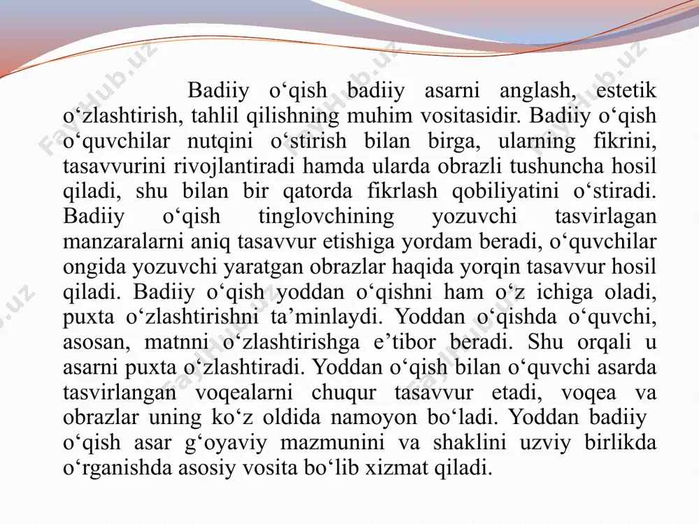 uzatiladi. shunday ekan, o‘qish savodxonligi darsliklariga kiritiladigan har bir asar yuksak badiiyat namunasi bo‘lmog’i lozim. bundan kutiladigan maqsad shuki, o‘quvchi darslikka kiritilgan har bir asarni bir marta o‘qib qo‘ymasin, uni qayta-qayta o‘qib o‘ziga ma`naviy-estetik ozuqa oladigan bo‘lsin. buyuk ma’rifatparvar adib abdurauf fitrat: “adabiyot qoidalari” qo‘llanmasida: “adabiyot – fikr, tuyg‘ularimizdagi to‘lqinlarni so‘zlar, gaplar yordami bilan tasvir qilib, boshqalarda ham xuddi shu to‘lqinlarni yaratmoqdir”,- deb yozgan edi. shu fikrlarga asoslanib ayta olamizki, boshlang‘ich sinfda o‘qiladigan badiiy asar, birinchidan, o‘z ona tilimizni o‘quvchilarga o‘rgatish, nutqini o‘stirish, ikkinchidan, badiiy asar tili orqali o‘quvchilar hissiyotiga ta’sir o‘tkazib ularni tarbiyalash, badiiy nuqni, nutq madaniyatini egallashlarini ta’minlash vazifasini amalga oshirish ko‘zda tutiladi. ta’limni tashkil etishning muvaffaqiyati, o‘quvchilarning fan asoslarini egallashlarida nutqining boyiganlik darajasi til hodisasini va ularning nutqdagi vazifasini o‘zlashtirishlariga bog‘liq. shunday ekan, boshlang‘ich sinf o‘qish darsliklariga tanlanadigan o‘quv materiallariga e’tiborli bo‘lmoq lozim. o‘qish uchun tavsiya etilgan asar qanchalik badiiy-estetik jihatdan yuksak maqomga va o‘quvchi nutqini to‘laqonli …