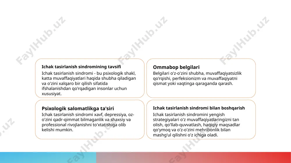 lari terapiya qidirish, o'ziga murojaat qilishni amalga oshirish va salbiy o'ylarni tekshirish - ichak tasirlanish sindromini boshqarish va ma'naviy sog'liqni yaxshilashning samarali usullari. ichak tasirlanish sindromini tushunish ichak tasirlanish sindromi muvaffaqiyatga erishishga qaramay, odatda o'ziga ishonishsizlik va ifodalangan bo'lish kabi sabablarga ko'ra qarzdorlik hissiyatini ifodalaydi. qo'llab-quvvat va tasdiqlash qidirish ichak tasirlanish sindromidan chiqish, etibor qilinadigan insonlardan qo'llab-quvvat qidirish va muvaffaqiyatlaringiz uchun tasdiqlashni qabul qilishni talab qiladi. ishonch va o'z qiymatini oshirish sizning ko'nikmalaringiz va muvaffaqiyatlaringizni tanqid qilish, o'zgina qarshilik oqibatlarni amalga oshirish va o'zingizga qarshi kurashish orqali ishonchingizni oshiring. boshqalar yordamini qidiring o'zingizni qo'llab-quvvatlovchi do'stlar, oila, mentorlar va kollegalar bilan muhitda o'zingizni joylashtiring, ilhomlantirish va ishonch bering. manfiy o'ylarni muhokama qiling manfiy o'z-o'zini gapirishni muhokama qilish va undan chiqib, musbat tasdiqlar va muvaffaqiyatlaringizni ko'rsatish orqali kognitiv qurilishni amalga oshiring. realistik maqsadlar qo'ying vazifalarni boshqarishga qodir qadamga bo'lib, erishiladigan maqsadlar qo'ying va o'z muvaffaqiyatlaringizni bayram qiling, bu orqali yetersizlik hisslariga qarshi …