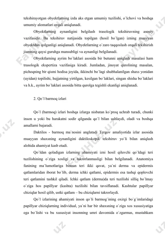 archa alomatlar yig`indisi ikkinchi shaxsda takrorlanmasligidadir. qo`l kafti, barmog`i yoki boshqa joyi zarar ko`rganda ham (kuyish, kesilish va boshqalar) ustki qatlami ma`lum bir vaqt o`tishi bilan to`la va avvalgi holatga tiklanadi. faqat terining ichki (derma) qatlami chuqurroq zararlansa, papillyar chiziqlari shikastlanib o`rnida chandiq izlari hosil bo`ladi. bu ma`lumotlar amaliy va nazariy jihatdan qator tadqiqotlar asosida tasdiqlangan. har bir qo`l – barmoq izlari papillyar belgilarni tashkil qiladi. ushbu belgilar yig`indisi muayyan shaxsning aynanligini belgilaydi. dunyo miqyosida yashovchi barcha odamlar ichida hozirgi kunga qadar ikki shaxsning bir xildagi barmoq izlari bo`lmagan. barmoqdagi papillyar chiziqlar uch qismdan iborat: 1) kashtaning ichki shaklini chizib boruvchi chiziqlar; 2) ichki shaklning tashqari qismidagi, ya`ni yon atrofdagi chiziqlar; 3) kashtaning bazis chiziqlari. kashtaning ichki chiziqlar oqimi atrof chiziqlar oqimi bilan uchraydigan joy delta deb nomlanadi. izlarning klassifikatsiyasi, asosan kashta chiziqlarining necha oqimdan iboratligiga va bu oqimlarning yo`nalish shakliga qarab belgilanadi. barmoqdagi papillyar kashtalar ana shu oqimning yo`nalishidagi …