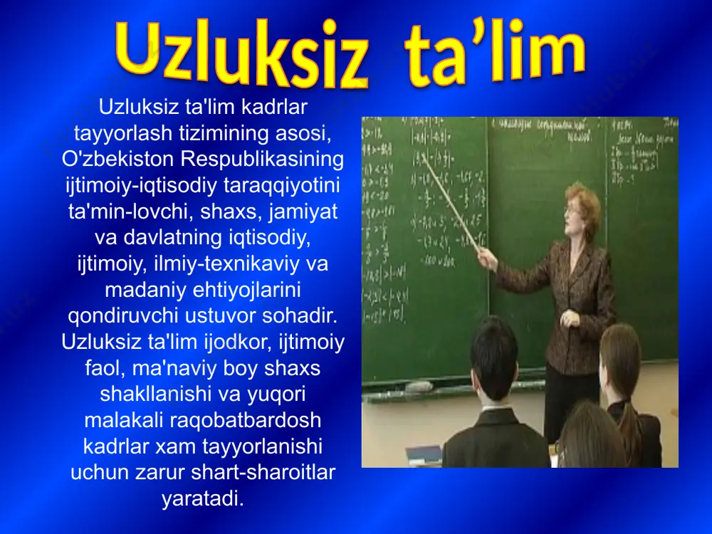 faoliyati jarayonida ro'yobga chiqarishlari mumkin. kasb-hunar kolieji tegishli davlat ta'lim standartlari doirasida o'rta maxsus, kasb-hunar ta'limi beradi: o'quvchilarning kasb-hunarga moyilligi, bilim va ko'nikmalarini chuqur rivojlantirish, tanlagan kasb-hunar bo'yicha bir yoki bir.necha ixtisosni egallsh imkonini beradi. kasb-hunar kollejlari jihozlanganlik darajasi, pedagogik tarkib-ning tanlanganligi, o'quv jarayonining tashkil etilishi jihatidan yangi tipdagi ta'lim muassasalari hisoblanadi. ular bir yoki bir necha zamonaviy kasb-hunarni egallash hamda tegishli o'quv fanlaridan chuqur nazariy bilim olish imkonini beradi. o'rta maxsus, kasb-hunar ta'limi oliy ta'lim o'rta maxsus, kasb-hunar ta'limi negiziga asosla-nadi hamda ikki (bakalavriat va magistratura) bosqichga ega. i oliy ta'lim muassasalariga talabalar qabul qilish davlat grantlari va pullik-shartnomaviy asosda amalga oshiriladi. bakalavriat — mutaxassisliklar yo'nalishi bo'yicha fundamental va amaliy bilim beradigan, ta'lim muddati kamida to'rt yil davom etadigan tayanch oliy ta'limdir. \ bakalavrlik dasturi tugallanganidan so'ng bitiruvchilarga davlat attestatsiyasi yakunlariga binoan, kasb bo'yicha „bakalavr" darajasi beriladi va davlat tomonidan tasdiqlangan namunadagi, kasb-hunar faoliyati bilan shug'ullanish huquqini beradigan diplom …
