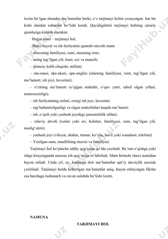 samarqand filiali talabasi. qizim – qudratova durdona, 1987-yilda tug‘ilgan, samarqand davlat universiteti iqtisodiyot fakulteti talabasi. qizim – qudratova mastona, 1990-yilda tugilgan, samarqand shahridagi 37-o‘rta umumta’lim maktabining 9-sinf o‘quvchisi. mening hozirgi turar joym: samarqand shahri, firdavsiy ko‘casi, 129-uy. telefon: 25656562. 2007.10.01. imzo ortiqov s.q. tavsifnoma tavsifnoma muayyan shaxsning o‘qish, mehnat jarayonidagi, yashash joyidagi ijtimoiyjamoatchilik faoliyati, erishgan muvafaqqiyatlari, o‘ziga xos xislatlari, fazilatlarini aks ettiruvchi rasmiy hujjatdir. bu hujjat korxona, tashkilot, muassasa, o‘quv yurti rahbariyati tomonidan o‘z xodimi, talabasi, o‘quvchisi o‘qishga yoki ishga kirayotganda, chet elga o‘qishga, ishga, tajriba almashishga yoki sayohatga ketayotganda, yangi lavozim, ish yoki mansabga tayinlanayotganda, erishgan muvaffaqiyatlari uchun rag‘batlantirilayotganda berilishi mumkin. hujjatda tavsiflanayotgan shaxsning o‘qish, ish, jamoatchilik faoliyati, ishchanligi, ijodkorligi, axloqiy, ma’naviyma’rifiy, siyosiy saviyasi, oilaviy ahvoli o‘z ifodasini topadi. tavsifnoma uchinchi shaxs nomidan bayon etiladi. bu hujjatning “tavsifnoma”, “ishlab chiqarish tavsifnomasi”, “xizmat tavsifnomasi” kabi turlari ish qog‘ozlari yuritishda qo‘llaniladi. barcha turdagi tavsifnomalar uchun umumiy bo‘lgan zaruriy qismlarga quyidagilarni kiritish …
