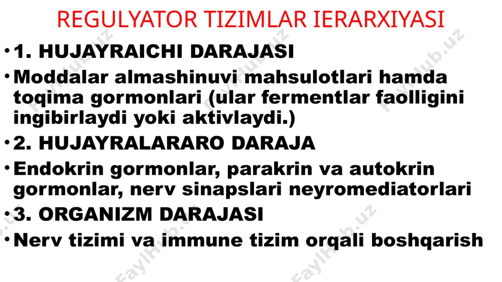 adi (odatda qaytarilmas). 2. reversibl inaktivatsiya (renaturatsiya) — ph normaga keltirilsa yoki harorat moslashtirilsa, ferment faoliyatini tiklashi mumkin. 3. substrat bog‘lanishining buzilishi — faol markazdagi aminokislotalar zaryadi o‘zgaradi. tugadi 2. biomembranalar xujayra hajmining 80%ini tashkil qiladi: 1)hujayra membranasi 2)golji kompleksi 3)end.tor membanasi 4)lizosoma 5)mitoxondriya 2 qavat membranasi membana tarkibi: 1) fosfolipid 2) oqsil 3) xolesterin 4)uglevod 36 fosfolipid tuzilishi va turlari 1)fosfotidilxolin 2)fosfotidilserin 3)fosfotidiletanolamin 4)fosfotidilglitserin 5)fosfotidilinozitol 6)fosfatid kislota 7)kardiolipin 37 membrana xususiyatlari: 1) ko‘ndalang assimetriya 2)suyuq krisstal xolat 3)o‘tkazish membrana oqsillarining vazifalariga ko‘ra turlari: ferment oqsillar retseptor oqsillar transport oqsillar struktur oqsillar antigen oqsillar (leykotsitda ko‘p) transport oqsillariga kiradi: 1) kanal hosil qiluvchi oqsillar – o‘rtasi kanal bo‘lib, suv bilan to‘lgan. 600da gacha bo‘lgan, suvda eruvchi moddalar o‘tadi. 2)glyukoza tashuvchilar(glut) – glyukozani membranalararo konfomatsiya o‘zgarishi hisobiga tashilishini ta’minlaydi. 3)k+/na+ atfaza – konsentratsiya kam tomondan ko‘p tomonga o‘tkazadi. transport turlari: na+/k+ nasosi ikkilamchi transport quyidagi retseptor turlari bor: 1) membrana 2) …