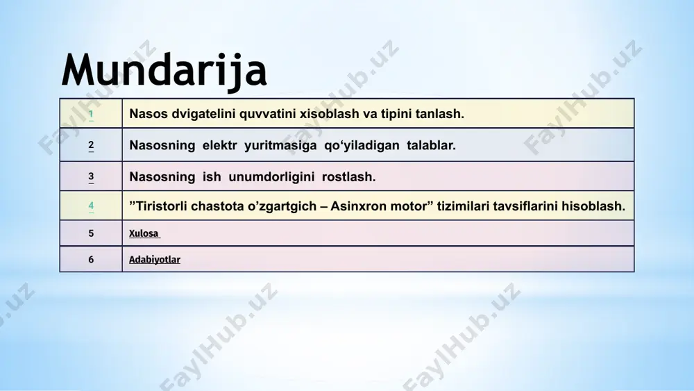 kiradi. tezligi rostlanmaydigan nasos qurilmalari qisqa tutashtirilgan rotorli asinxron dvigatellar qo‘llaniladi, ular 380 v kuchlanishli tarmoqdan ta’minlanadilar. quvvati 100 kvt dan katta bo‘lgan nasoslar elektr yuritmasi sifatida 6 va 10 kv kuchlanishli tarmoqdan ta’minlanadigan asinxron yoki sinxron dvigatellar qo‘llaniladi, ular to‘g‘ridan-to‘g‘ri to‘la kuchlanish bilan ishga tushiriladi. parrakli nasoslar ko‘p hollarda yuqori tezlikka ega bo‘ladi, ularni to‘g‘ridan-to‘g‘ri dvigatelga ulash mumkin. nasoslarni yopiq zadvijka bilan yoki ochiq zadvijka bilan ishga tushiriladi. yopiq zadvijka bilan ishga tushirilganda dvigatelni ishga tushrish momenti uning nominal momentini 0,2-0,3 ulushini tashkil etishi kerak. agar bunda truboprovod yopiq bo‘lsa ham xavfli bo‘sim hosil bo‘lmaydi, chunki bunda quvvat dvigatelni nominal quvvatini 40%ni tashkil etadi holos. nasosning ish unumdorligini rostlash. nasosning ish unumdorligini oshirishga qaratilgan tadbirlar ular iste’mol qilayotgan elektr energiyani tejashda katta axamiyatga ega. nasoslarning ish unumdorligini to‘rt hil usul bilan rostlash mumkin: truboprovodlarni qarshiligini o‘zgartirish yani magistralga zadvijkalarni kiritish; dvigatelni burchak tezligini o‘zgartirish; magistralga ishlayotgan agregatlarni sonini o‘zgartirish; …