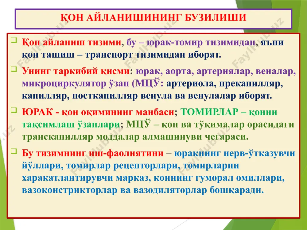лликларида ўткир ва сурункали юрак етишмаслиги. ўткир юрак етишмаслиги (сабаблари: миокард инфаркти, ўткир юрак декомпенсацияси) ўткир веноз тўлақонликга олиб келади. сурункали юрак етишмаслиги (сабаблари: порок, ишемик касаллик, эндокард фиброэластози, миокардит, кардиомиопатия) сурункали веноз димланишга сабабчи. ўткир юрак етишмаслиги - ўткир веноз тўлақонлик. майда томирларнинг кескин кенгайиши, девори ўтказувчанлиги ошиши, тўқимага плазморрагия, шиш, стаз ва қон қуйилишлар пайдо бўлиши. мисол: ўпка шиши сурункали юрак етишмаслиги - сурункали веноз тўлақонлик. майда томирларнинг сурункали кенгайиши, тўқимада гипоксия, шиш, плазморрагия, эритродиапедез, гемосидероз, макрофаглар кўпайиши, склероз ривожланади. мисол: тери цианози ва анасарка, мускат жигари, ўпканинг қўнғир индурацияси ва буйрак, талоқнинг ционотик индурацияси сурункали юрак етишмаслиги - сурункали веноз тўлақонлик. мускат жигари марказий вена ва синусоидлар кенгайиши, атрофида шиш, қон қуйилишлар, гепатоцитлар некрози. бўлакча четида паренхиматоз ёғли дистрофия. мисол: “мускат жигари” 1)қонга тўлган бўлакча маркази 2)ёғли дистрофияга учраган бўлакча чети сурункали юрак етишмаслиги - сурункали веноз тўлақонлик. мускат жигари мускат ёнғогига ўхшаш, тўқ жигарранг ва оқ-сариқ …