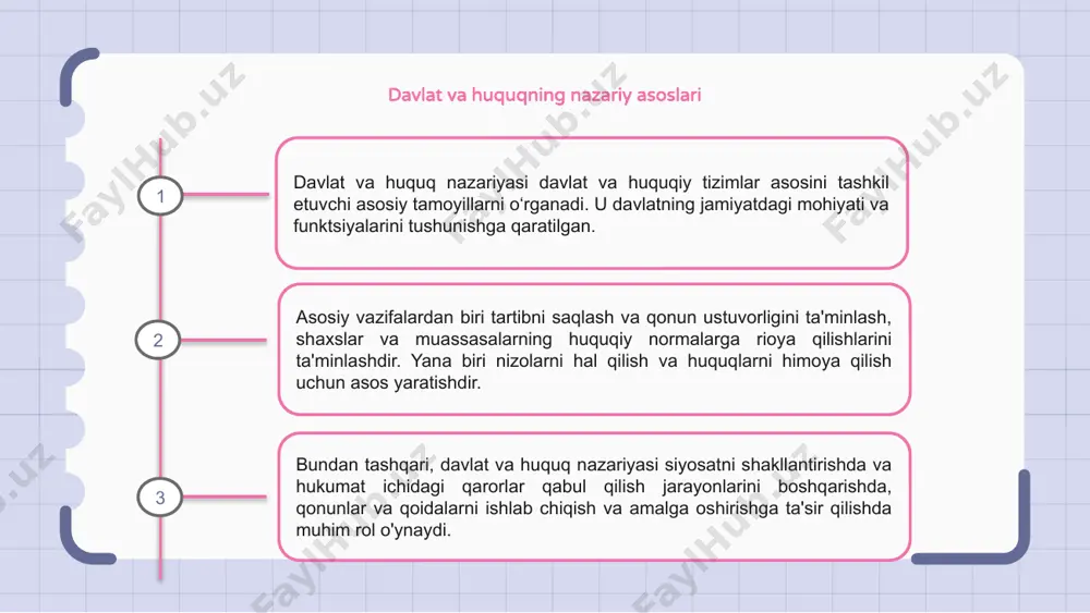 yoki davlatning o'z hududida qonunlar ishlab chiqish va amalga oshirish, fuqarolar uchun tartib va ​​adolatni ta'minlash vakolati va qonuniyligi tushuniladi. davlat va huquq nazariyasi davlatning suveren hokimiyati va uning huquqiy hokimiyati o‘rtasidagi munosabatni o‘rganib, boshqaruvda muvozanat va javobgarlikning ahamiyatini ko‘rsatadi. davlat va huquq o'rtasidagi o'zaro ta'sir davlat va huquq nazariyasi boshqaruv tuzilmalari va huquqiy tizimlar o‘rtasidagi munosabatlarni o‘rganadi. bu ikki ob'ektning o'zaro ta'siri va bir-biriga qanday ta'sir qilishini o'rganadi. bu nazariyaning asosiy funksiyalaridan biri davlat va huquq o‘rtasidagi kuchlar muvozanatini tahlil qilishdir. u qonunlarning siyosiy kontekstda qanday yaratilishi, bajarilishi va talqin qilinishini o'rganadi. bundan tashqari, nazariya davlat tartibni saqlash va jamiyat xatti-harakatlarini nazorat qilish uchun qonunlardan qanday foydalanishiga qaraydi. bu davlat hokimiyati va huquqiy normalar o'rtasidagi o'zaro bog'liqlikni tushunish muhimligini ta'kidlaydi. huquqning normativ funktsiyalari huquqning me'yoriy funktsiyalari deganda jamiyatni boshqaradigan, tartib va ​​adolatni ta'minlovchi qoidalar va qoidalar tushuniladi. bu qonunlar nima joiz va joiz emasligini belgilaydi, xulq-atvorni boshqaradi. huquq o'zining …
