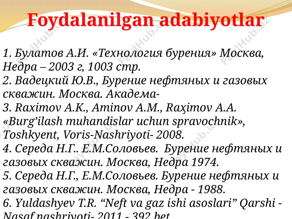 ishlatiladi. burg‘ilash eritmalari suyuqlik, gil zarrachalari va kimyoviy moddalar eritmasidan tayyorlanadi. ular tarkibi va xossalariga qarab bir qancha turlarga bо‘linadi: - suvda tayyorlangan; - neft va neft mahsulotlarida tayyorlangan; - emulsiya sifatli; - yengillashtirilgan (zichligi ρ 1,26 g/sm2); - temperaturaga chidamsiz(90oc gacha); - о‘rtacha temperaturaga chidamli (140oc gacha); - yuqori temperaturaga chidamli (220oc gacha); - ingibitorlangan; - ingibitorlanmagan; - gilsiz (qattiq jismsiz); - kam gilli (gil 8% gacha); - gilli (gil miqdori 8% dan ortiq); - polimerli; - paligorskitli; - mel va ohakli; - tuzli; - chuchuk. oshlashda ishlatilgan reagentlarning turiga qarab ham burg‘ilash qorishmalari bir qancha toifalarga bо‘lingan 17.3. burg‘ilash eritmasining reologik xossalari tabiatda uchraydigan jismlarning deformatsiyasi (shu jumladan oqishi) reologiya deb ataladi (reo-oqish). jismlarning oqishga moyilligi reologik xossa hisoblanadi. suyuqliklar nyuton qonunlariga bо‘ysunsa, nyuton suyuqliklari (suv, kerosin, yog‘), bо‘ysunmasa, nyuton suyuqliklari emas deyiladi (burg‘ilash qorishmalari va sement qorishmalari). reologik xossa ikki parametr orqali aniqlanadi: τ – qо‘zg‘alishdagi yondosh …