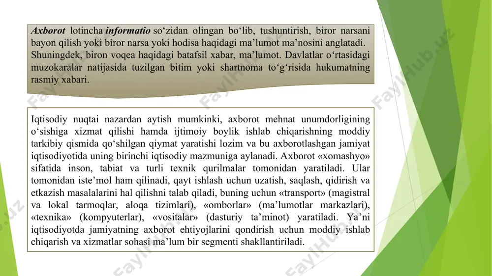 gi farq ikkita atama - «raqamli ko‘rinishga keltirish (otsifrovka)» va «raqamlashtirish (sifrovizatsiya)» o‘rtasidagi farq bilan bir xil ma’noga ega. raqamlashtirish bu – raqamli shaklda yangi mahsulot yaratishdir. raqamli ko‘rinishga keltirish bu – axborotni jismoniy vositalardan raqamli vositalarga o‘tkazishdir. raqamli ko‘rinishga keltirishga misollar – elektron kitoblar, videokurslar, suratning raqamli nusxasini yaratish va h.k. nazorat va muhokama uchun savollar 1. axborotlashtirish, axborotlashgan jamiyat deganda nimani tushunasiz? 2. jamiyatni rivojlantirishda axborotlashtirishning ahamiyati nimadan iborat? 3. axborotlashtirish, axborotlashgan jamiyatning ijobiym va salbiy tomonlari nimalardan iborat? 4. raqamli iqtisodiyotning o‘ziga xos xususiyatlarini izohlang. 5. jamiyatni rivojlantirishda axborotlashtirishning asosiy omillari nimadan iborat? 6. raqamlashtirish va raqamlashtirish samarasi nima? 7. iqtisodiyotni raqamlashtirish va raqamli iqtisodiyot nima? 8. raqamli iqtisodiyotning tamoyillarini aytib bering? 9. iqtisodiyotni rivojlantirishda raqamli iqtisodiyotning afzalliklari va kamchiliklari nimalardan iborat? 10. raqamli iqtisodiyotning maqsad va vazifalari nimalardan iborat? 11.gibrid dunyo tushunchasiga izoh bering? 11. raqamli iqtisodiyotning segmentlarini aytib bering? 12. jahon iqtisodiyotida raqamli iqtisodiyotning rivojlanishi …