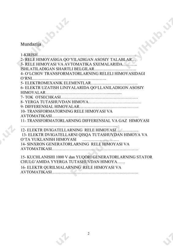 h hosil bo‘lganda rele himoyasi shikastlangan elementni aniqlaydi va uni sistemaning shikastlanmagan qismidan shikastlanish toklarini uzishga mo‘ljallangan maxsus viklyuchatellarga taosir qilish yuli bilan ajratib qo‘yadi. normal bo‘lmagan rejim hosil bo‘lganda rele himoyasi normal rejimni tiklash uchun zarur bo‘lgan amallarni bajaradi yoki nazoratchi personalga signal beradi. avtomatika qurilmalari sistemaning normal rejimini tezlik bilan avtomatik ravishda tiklash uchun xizmat qiladi. asosiy avtomatika qurilmalariga avtomatik qayta ulash (aqu) rezervni avtomatik ulash (rau) va avtomatik chastotaviy engillashtirish (ache) kiradi. elektr ta’minoti sistemasining o‘ziga xos xarakterli belgilari, ularda bo‘ladigan jarayonlarning katta tezlikda kechishi va avariya xarkteriga ega bo‘lgan shikastlanishlarning yuzaga kelishi mumkinligidir. shu sababli elektr ta’minoti sistemasining ishonchli va tejamli ishlashiga avtomatik boshqarish yo‘li bilangina erishish mumkin. buning uchun har xil avtomatik boshqarish qurilmalari ishlatiladi. ular orasida asosiy o‘rinladan birini avtomatik rele himoyasi qurilmalari egallaydi. rele himoyasi qurilmalari elektr qurilmalarda shikastlanish yoki anormal rejim yuzaga kelganda ishlaydi. eng xavfli va ko‘p sodir bo‘ladigan shikastlanish qisqa …