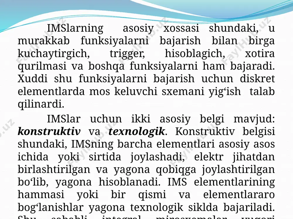 yagona dielektrik asosda joylashgan mikrosxema. diskret komponentlarni osma elementlar deb atashadi. qobiqsiz yoki mikrominiatyur metall qobiqli mikrosxemalar gibrid imslar uchun aktiv elementlar bo‘lib hisoblanadilar. gibrid integral mikrosxemalarning asosiy afzalligi: nisbatan qisqa ishlab chiqish vaqtida analog va raqamli mikrosxemalarning keng turlarini yaratish imkoniyati; keng nomentkaluturaga ega bo‘lgan passiv elementlar hosil qilish imkoniyati; mdya – asboblar, diodli va tranzistorli matrisalar va yuqori yaroqli mikrosxemalar chiqishi. 3. yarim o‘tkazgichli imslar tranzistorning ishlatilish turiga ko‘ra yarim o‘tkazgichli imslarni bipolyar va mdya ims larga ajratish qabul qilingan. bundan tashqari, oxirgi vaqtlarda boshqariluvchi o‘tishli maydoniy tranzistorlar yasalgan imslardan foydalanish katta ahamiyat kasb etmoqda. bu sinfga galliy arsenidida yasalgan imslar, zatvori shottki diodi ko‘rinishida bajarilgan maydoniy tranzistorlar kiradi. hozirgi kunda bir vaqtning o‘zida ham bipolyar, ham maydoniy tranzistorlar qo‘llanilgan imslar yaratish tendensiyasi belgilanmoqda. ikkala sinfga mansub yarim o‘tkazgichli islar texnologiyasi yarim o‘tkazgich kristallini galma – gal donor va akseptor kiritmalar bilan legirlash (kiritish)ga asoslangan. natijada sirt ostida …