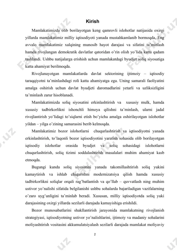 riladigan vazifalarning o’zaro uyg’unligini ta’minlab beradi. xususan, milliy iqtisodiyotda soliq yuki darajasining oxirgi yillarda sezilarli darajada kamayishiga erishildi. bozor munosabatlarini shakllantirish jarayonida mamlakatning rivojlanish strategiyasi, iqtisodiyotning ustivor yo’nalishlarini, ijtimoiy va madaniy sohalarini moliyashtirish vositasini akkumulatsiyalash sezilarli darajada mamlakat moliyaviy holati va byudjet tizimiga bog’liq. byudjet munosabatlari doirasida davlat nazorati barqaror byudjet faoliyatiga erishish uchun samarali soliq siyosati olib borilishini taqozo qiladi. mamlakatimiz ham o’zining iqtisodiy rivojlanish statusi va ijtimoiy – iqtisodiy yuksalish strategiyasini aniqlab olgan va kuchli moliyaviy siyosat orqali soliq siyosatini yuritish hamda ta’minlashga asosiy ustuvor vazifa sifatida qaramoqda. soliq tizimini optimallashtirish yo’larini ishkab chiqishda mamlakatda soliq munosabatlaring shakllantish holatini ham muhim rol o’ynaydi. bozor iqtisodiyotiga tobora moslashib borayotgan respublikamiz uchun soliq munosabtlari o’ziga xos tartibda, aytish mumkimki biroz murakkab shakllanib bormoqda. bugungi kunda respublikamizda soliq tizimi vositasida iqtisodiyotni tartibga solishning asosiy yo’llaridan biri bu soliqlarning fiskallgini oshirish emas, balki soliq to’lovchilar sonini ko’paytirishga va ularning erkin daromad olishlariga …