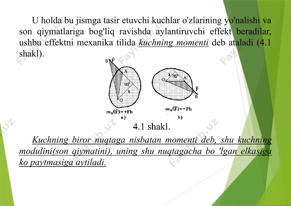 • fx - x • fz) v4*3) moz(f) = (x • fy - y • fx) yuqoridagilami aniqlagandan so'ng m - vektor momentning modulini aniqlash uchun, pifagor teoremasidan foydalanamiz. mo =yl m0x + m0y + m 4 (4.4) 2.kuchning o'qqa nisbatan momenti. f kuchni ixtiyoriy yo'nalgan oz -o'qqa nisbatan momentini aniqlash zarur bo'lsin(shaklga qarang). buning uchun shu o'qqa perpendikulyar bo'lgan birorta tekislik olamiz, va kuchni shu tekislikka proektsiyalaymiz, masalan bu xou tekisligi bo'lsin, u holda f kuchining shu tekislikdagi proektsiyasi fxs vektorini hosil qilamiz. endi shu f„ kuch vektorini o nuqtaga nisbatan olingan momenti, f kuchining oz - o'qiga nisbatan olingan momenti deb hisoblanadi (shakl 4.3), yani m (f) = in, (fx,) va buning moduli quyidagicha aniqlanadi, m,(f) = m^,) = +fx^,-h (4.5) kuchning o'qqa nisbatan momentining quyidagi xususiyatlari bilan tanishib o'tish lozim deb hisoblayman: i) agar kuch vektori biror o'qqa parallel bo'lsa, uning shu o'qqa nisbatan momenti nolga teng …