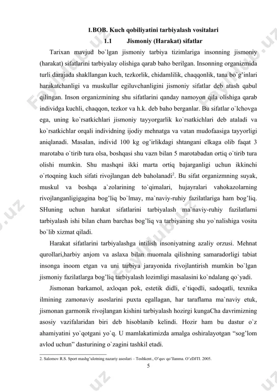 azariyasi, fiziologiya va antropologiyada tadqiqot mavzui bo`la 3. xo‘jaev f. o‘zbekistonda jismoniy tarbiya. 2000-y. 22 oladi. harakatlantiruvchi sifat tariqasidagi kuchni ko`rsatish uchun kuch imkoniyatlari, kuch qobiliyati, mushak kuchi atamalari ishlatiladi. kuch mashqlarini bajarish vaqtida mushaklar uch xil tartibda ishlashi mumkin: 1. o`z uzunliklarini o`zgartirmay (statik, izometrik tartib). 2. o`z uzunliklarini kamaytirib (qarshiliklarni yenguvchi, miometrik tartib). 3. uzayib (yon beruvchi, pliometrik tartib). masalan, oyoqlar to`g`ri ko`tarilgan vaqtdan to to`g`ri burchak hosil bo`lgunicha mushaklar faoliyatining uchala tartibi uchrashadi. oyoqlar ko`tarilganda – mushak ishi uzunligining kamayishi, oyoqlarni 90 gradus burchak ostida ushlab turishda – statik ish; dastlabki holatga qaytib oyoqlarni tushirishda – mushaklarning uzayishi. qarshiliklarni yenguvchi va ularga yon beruvchi tartiblarning birlashuvi “dinamik tartib” deyiladi.o`quvchilar jismoniy tarbiyasida umumiy va maxsus kuch tayyorgarligi amalga oshiriladi.umumiy kuch tayyorgarligi insonning mehnat faoliyatiga tayyorligi va jismoniy rivojlanishi uchun ahamiyatga ega bo`lgan barcha asosiy mushak guruhlarining uyg`un rivojlanishiga qaratilgan. maxsus kuch tayyorgarligining maqsadi faoliyatning tanlangan turiga tatbiqan musobaqalashuvchi …