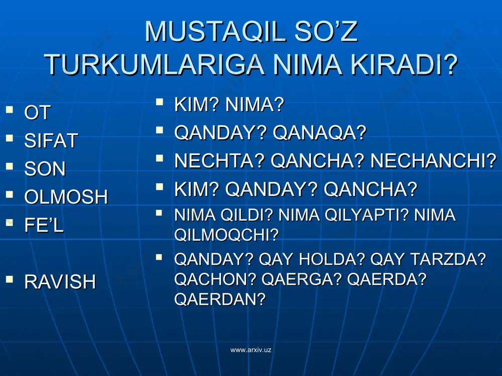 : o’qidi, o’qiyapti, o’qimoqchi. o’zlik: tarandi, yuvindi. majxullik: taraldi, o’qildi. orttirma: o’qitdi, yozdirdi. birgalik: o’qishdi, yozishdi. www.arxiv.uz www.arxiv.uz o’zingizni sinab ko’ring! jadvalni to’ldiring. www.arxiv.uz № o’tgan zamon hozirgi zamon kelasi zamon 1 yoz o’qi ket 2 bor chiz yugur 3 kel tort kel www.arxiv.uz www.arxiv.uz № otgan zamon hozirgi zamon kelasi zamon 1 yozdi o’qiyapti ketadi 2 bordi chizmoqda yuguradi 3 keldi tortyapti keladi www.arxiv.uz fe’llar yozilgan qatorni toping. keldi, o’qidi, olmoqchi kitob, daftar, non qizil, chiroyli, shirin www.arxiv.uz www.arxiv.uz barakalla!!! orqaga oldiga www.arxiv.uz www.arxiv.uz * e’tiboringiz uchun rahmat! muvaffaqiyatga uch narsa kafil: yaxshi niyat qil, ishon va intil!!! www.arxiv.uz www.arxiv.uz