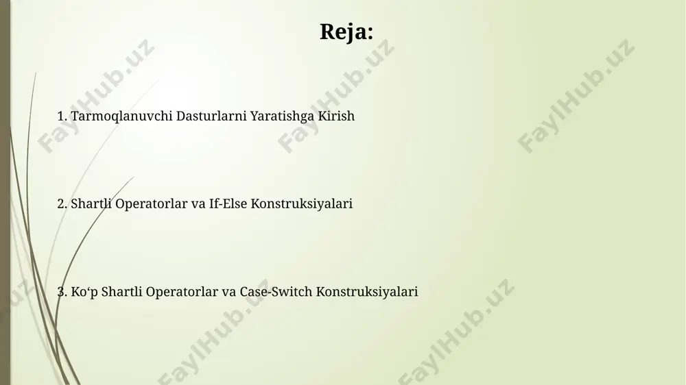 iymatlarni tekshirish. murakkab shoxlanuvchi dasturlarni loyihalashda 3 dan ortiq shart operatorlarini ketma-ket ishlatish samaradorlikni pasaytirishi mumkin, shuning uchun ularni optimallashtirish usullarini o'rganish muhim. qayta takrorlash operatorlari bilan shoxlanish while operatori bilan chegaralanmagan takrorlashda shart operatorlari 3 xil holatni tekshirib, dastur oqimini 3 ta turli yo'nalishga yo'naltirishi mumkin: shart to'g'ri bo'lsa, noto'g'ri bo'lsa va shart bajarilmay qolsa. qayta takrorlash operatorlari (masalan, for yoki while) ichida shart operatorlari (if-else) yordamida 2 dan ortiq shoxlanish yo'llarini yaratish mumkin, bu esa murakkab algoritmlarni sodda va o'qishli qilish imkonini beradi. misollar va amaliy qo‘llanmalar takrorlanuvchi bloklar (loops) ichida shartli operatorlardan foydalanib, 50 ta elementli massivni 3 ta qismga bo‘lish va har bir qismni alohida qayta ishlash mumkin. shartli operatorlar (masalan, if-else) yordamida dastur oqimini 2 yoki undan ortiq yo‘nalishga yo‘naltirish orqali 10 ta turli shartlarni tekshirish mumkin. algoritmik tilda shoxlanuvchi dasturlarni yaratishga kirish loop (tsikl) tuzilmalari bilan birgalikda ishlatilganda, shoxlanuvchi dasturlar murakkab algoritmlarni, masalan, 1000 …